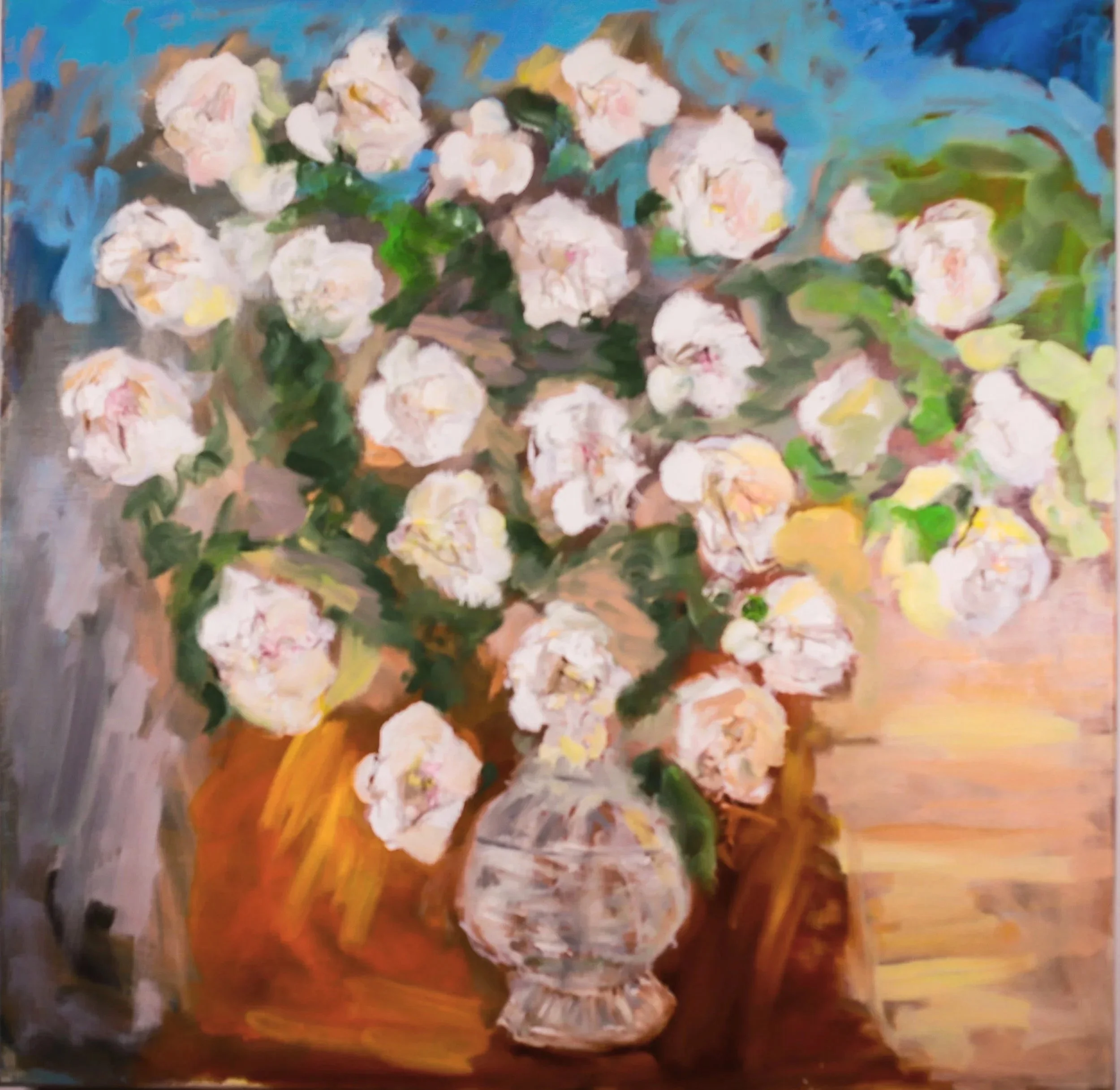 A still life painting of a flower arrangement in a ceramic vase on a table, with pink and white flowers and green leaves.