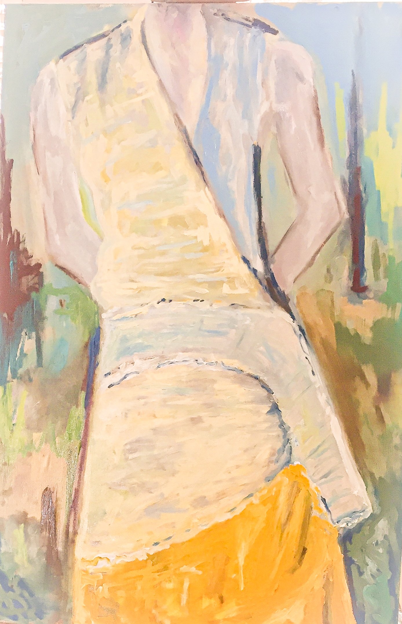 A painting of a woman viewed from the front, wearing a yellow top and light-colored dress, with an abstract background of muted colors.