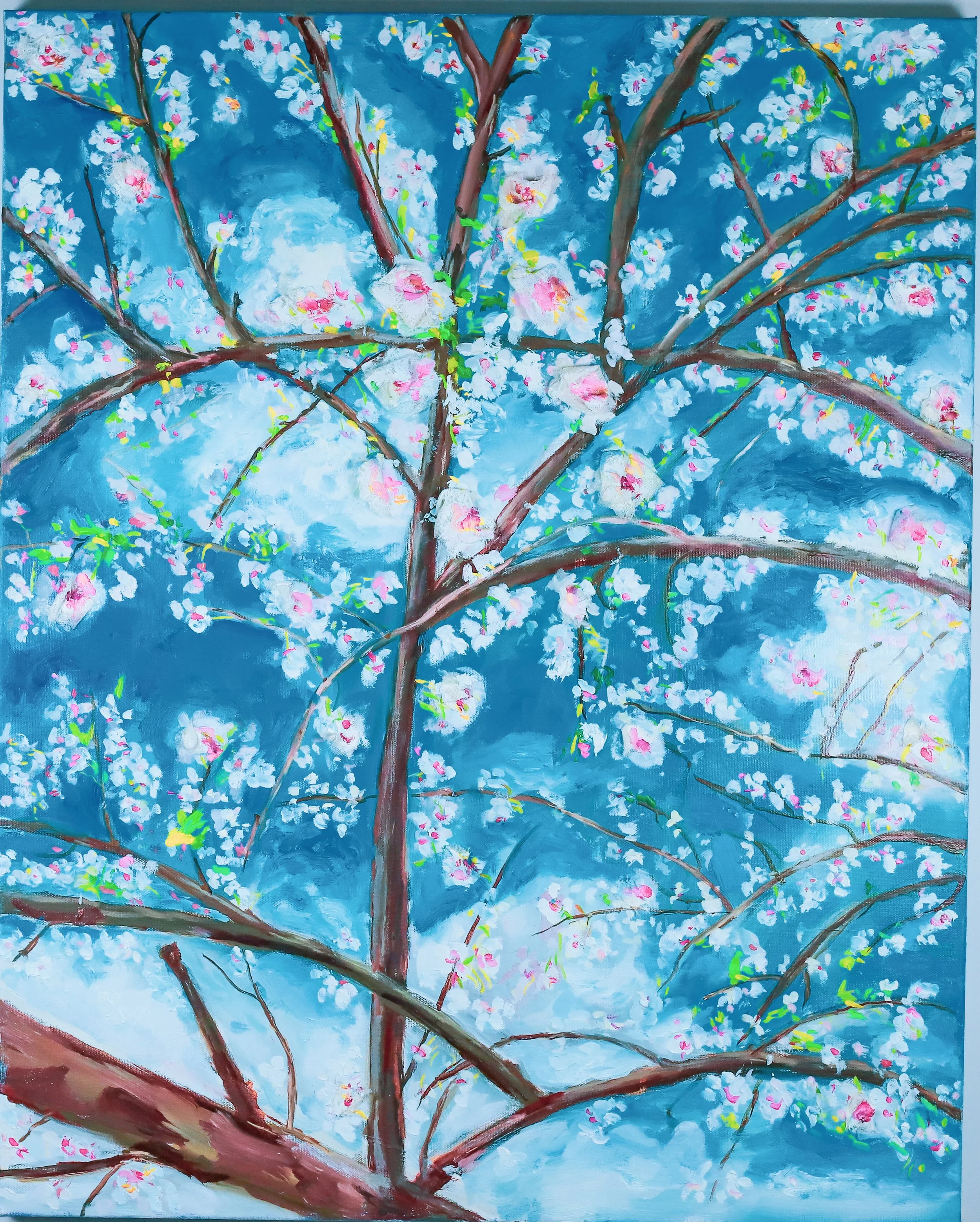Painting of a flowering tree with pink and white blossoms against a blue sky background.