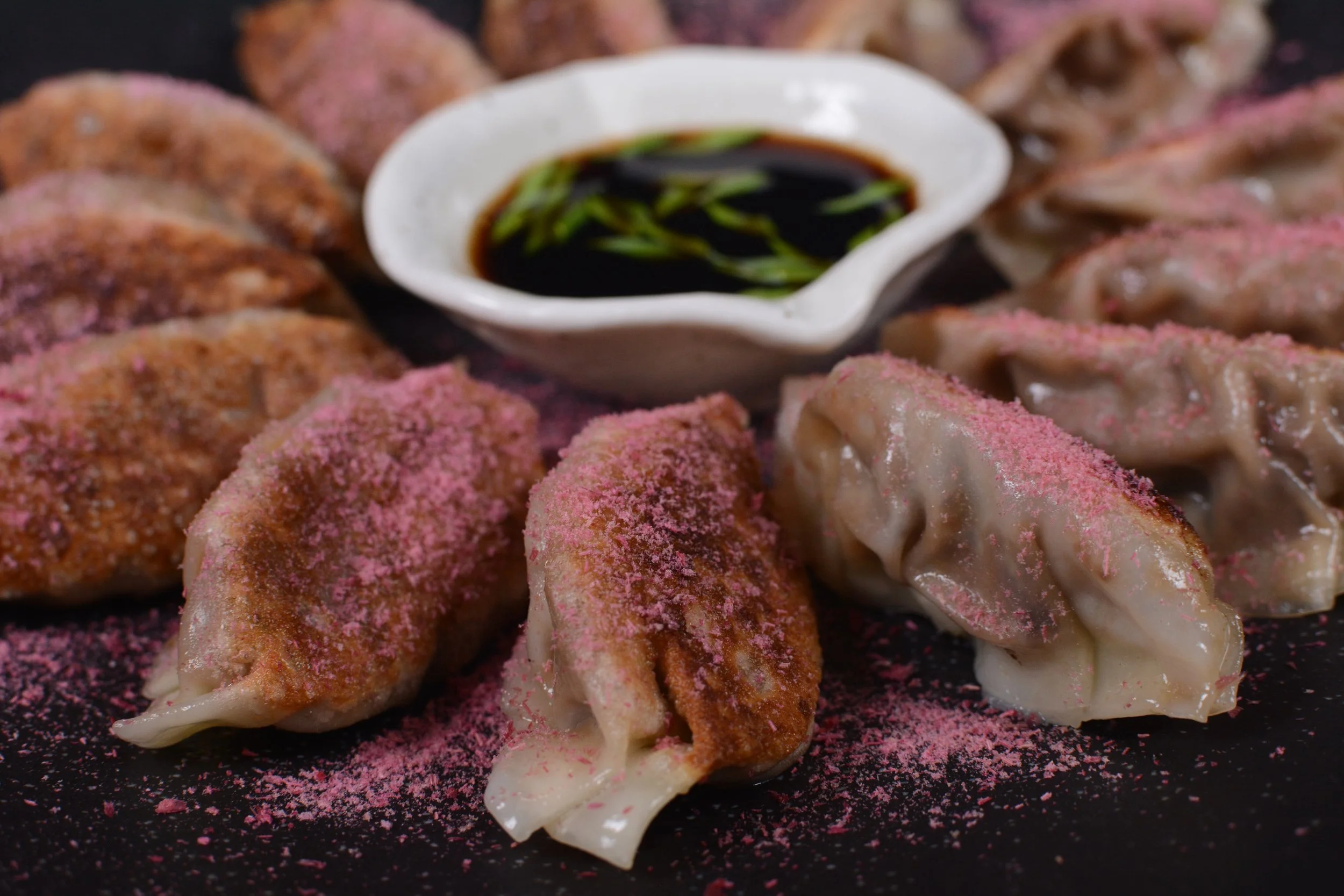 PURELY ARTISAN VENISON GYOZA W/ SHAVED FRZ-DRY RHUBARB