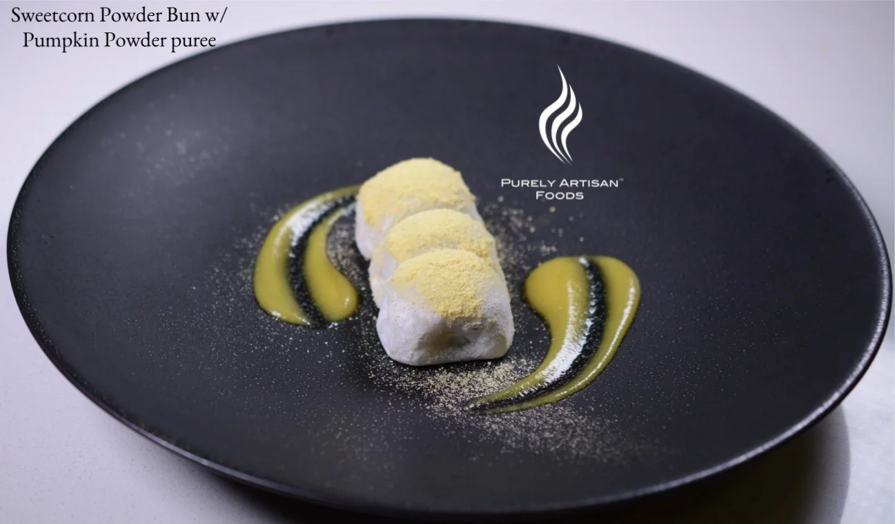 frz-dry Sweetcorn Powder Bun w/ frz-dry Pumpkin Powder puree