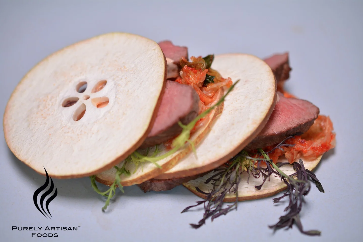 frz-dry Pear Slice, Venison and Kimchi