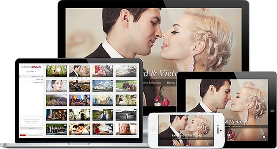 Responsive web design displayed on various devices including a laptop, tablet, and smartphone, showcasing wedding photography.