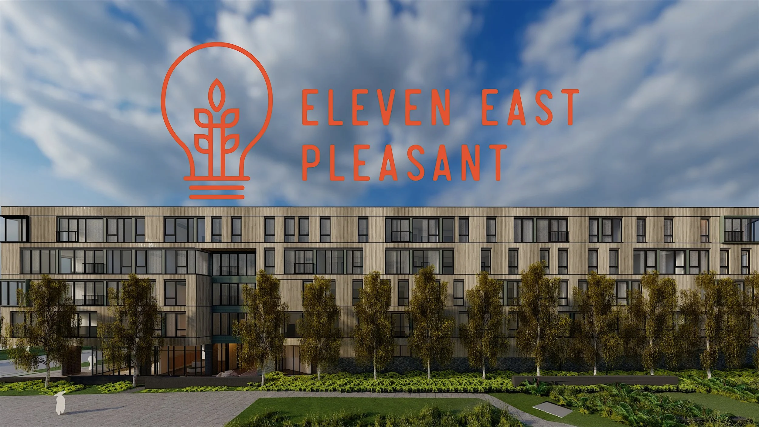 Eleven East Pleasant building exterior with logo and text, modern architecture, cloudy sky background.