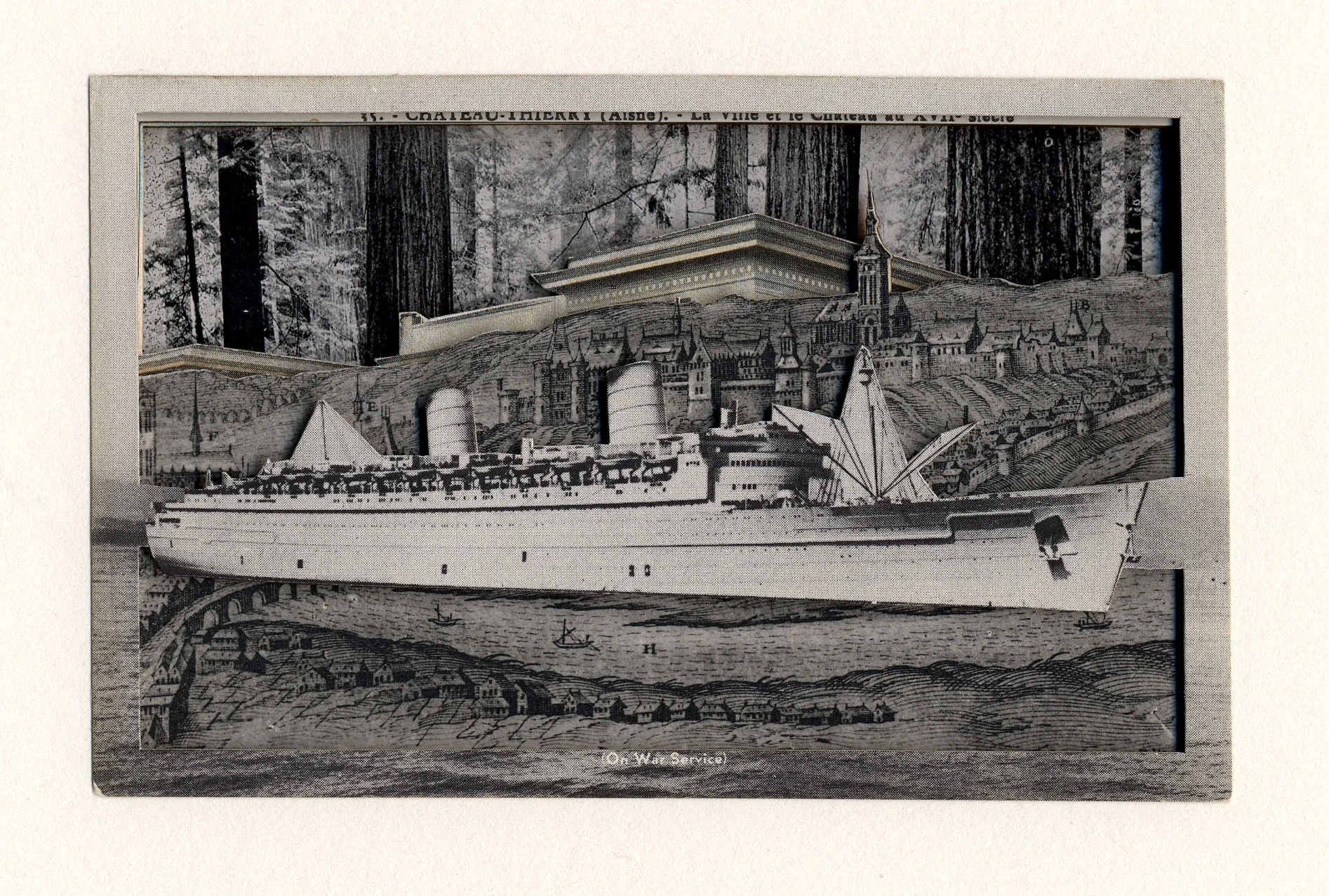 Chateau on War Service, 2006. Postcards on board, 3.5 x 5 x .5 in.
