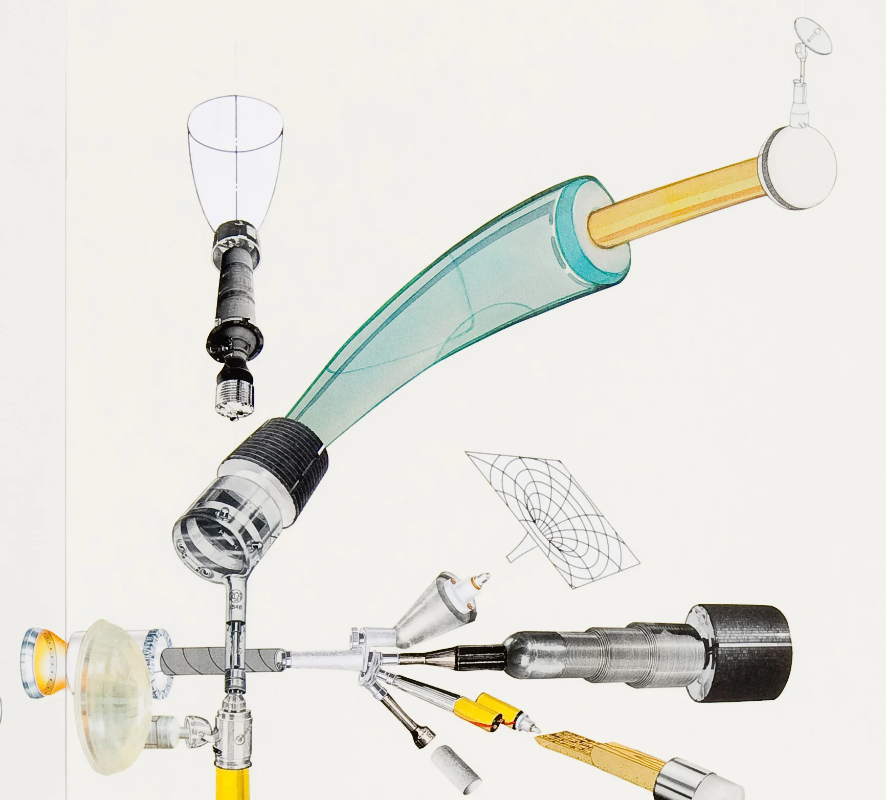 System with Yellow Tubes (detail), 2010. Collage on paper, mounted on wood panels, 48 x 42 in.