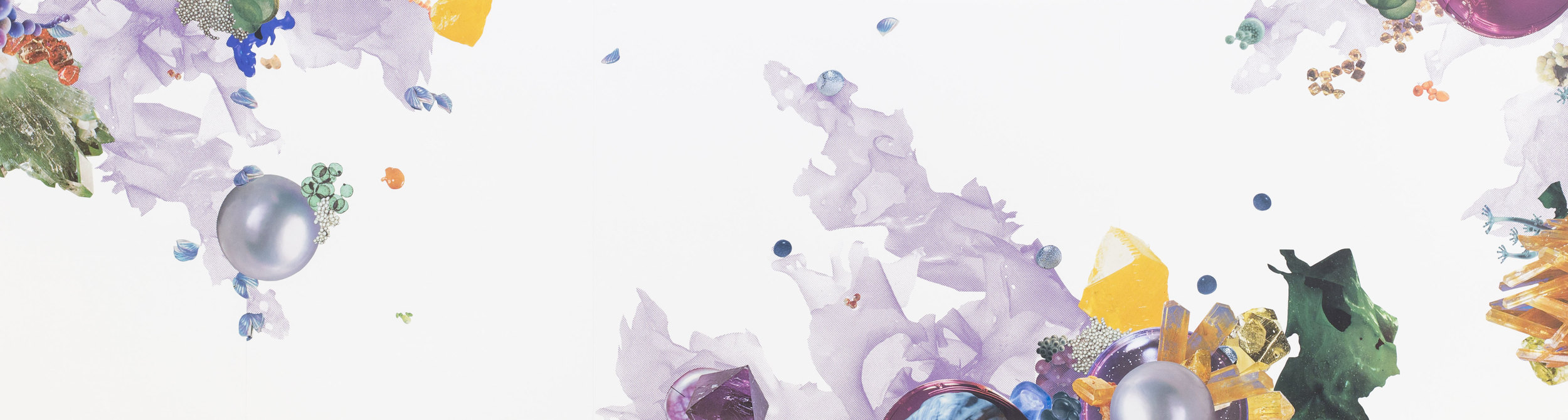 Seaweedscape with Pearls, 2016. Screenprint and collage on paper, 15 1/2 x 57 1/2 in.