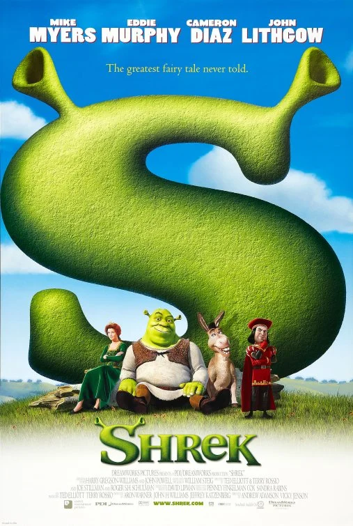 The first SHREK movie poster uses bright colors and goofy characters to appeal to families.