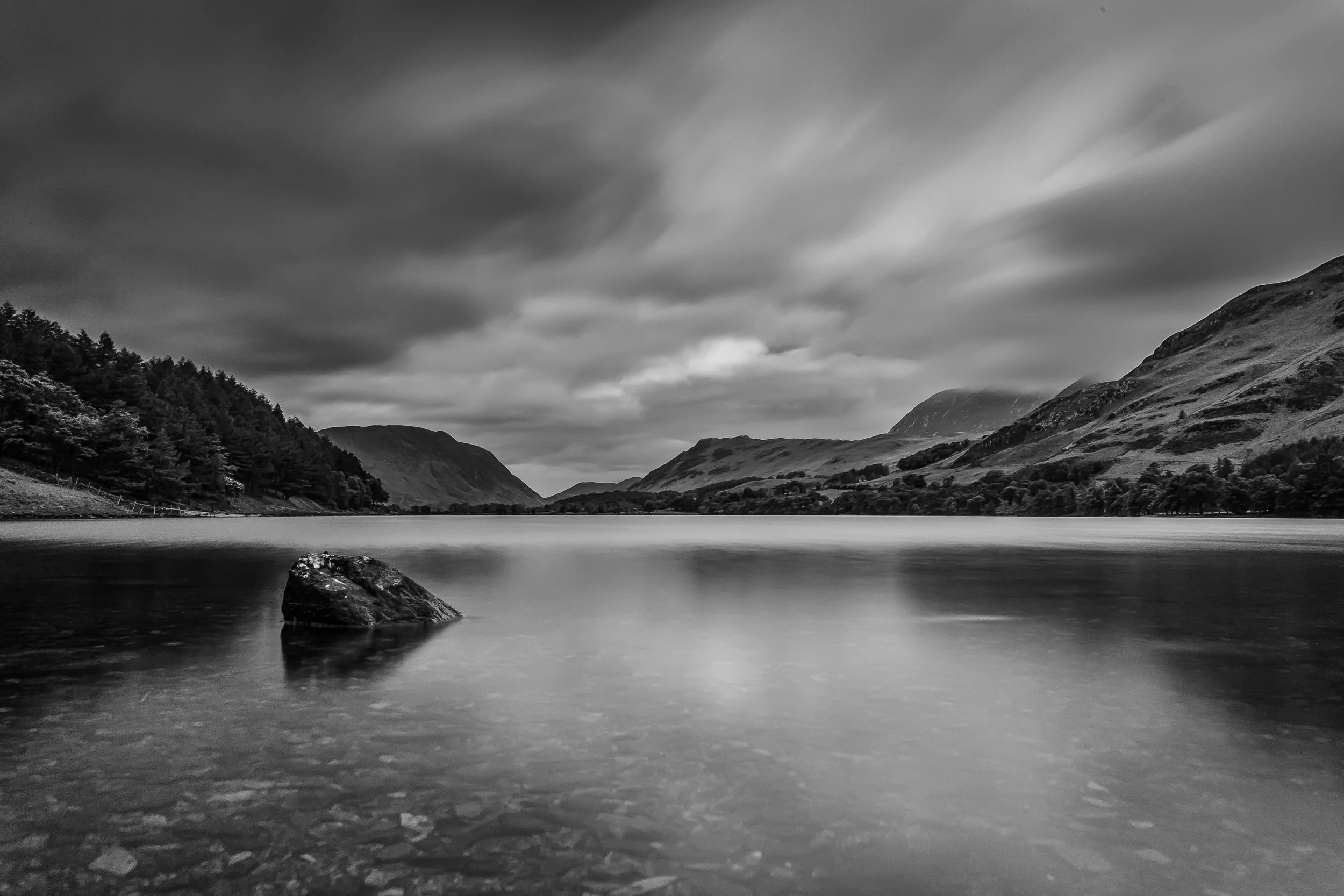 Buttermere in Black and White. Fujifilm X-T1 + 18mm f/2 @ f/11. ISO 250. B+W ND Filter. 28 Second Exposure.