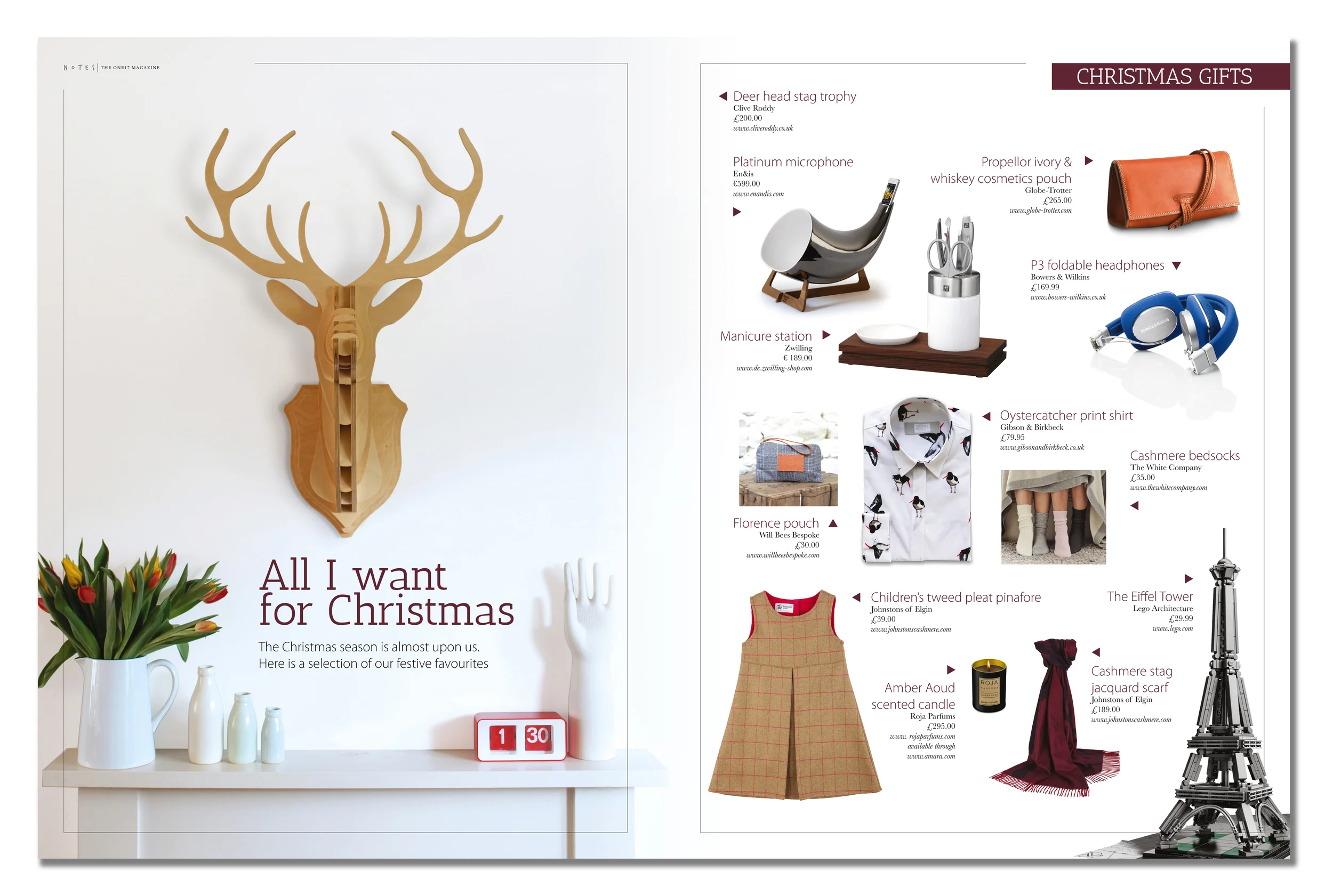 'Large Stag' featured in the Autumn/Winter 2015 edition of 'Notes -The One17 Magazine'. Published in November 2015. UK.