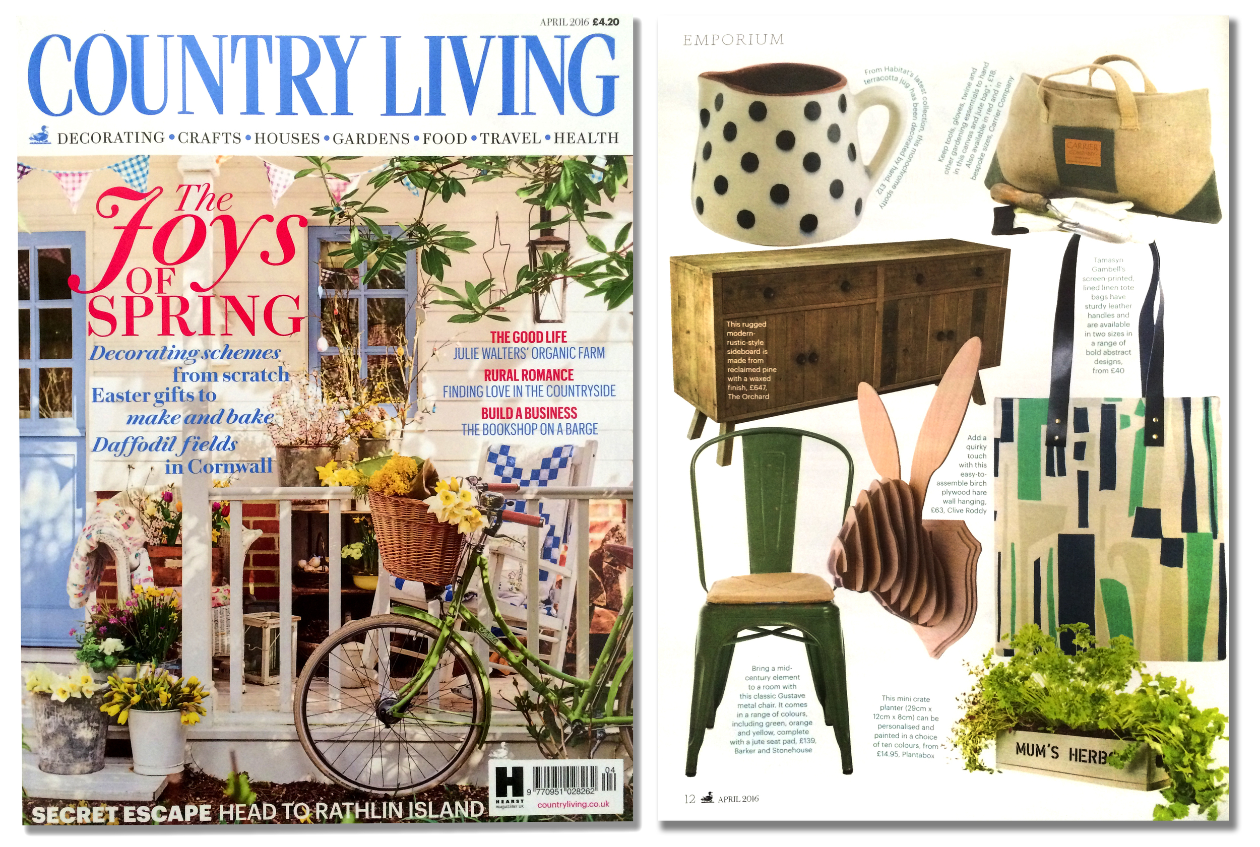 'Hare Trophy' featured in the April edition of 'Country Living' magazine. Published in March 2016. UK.