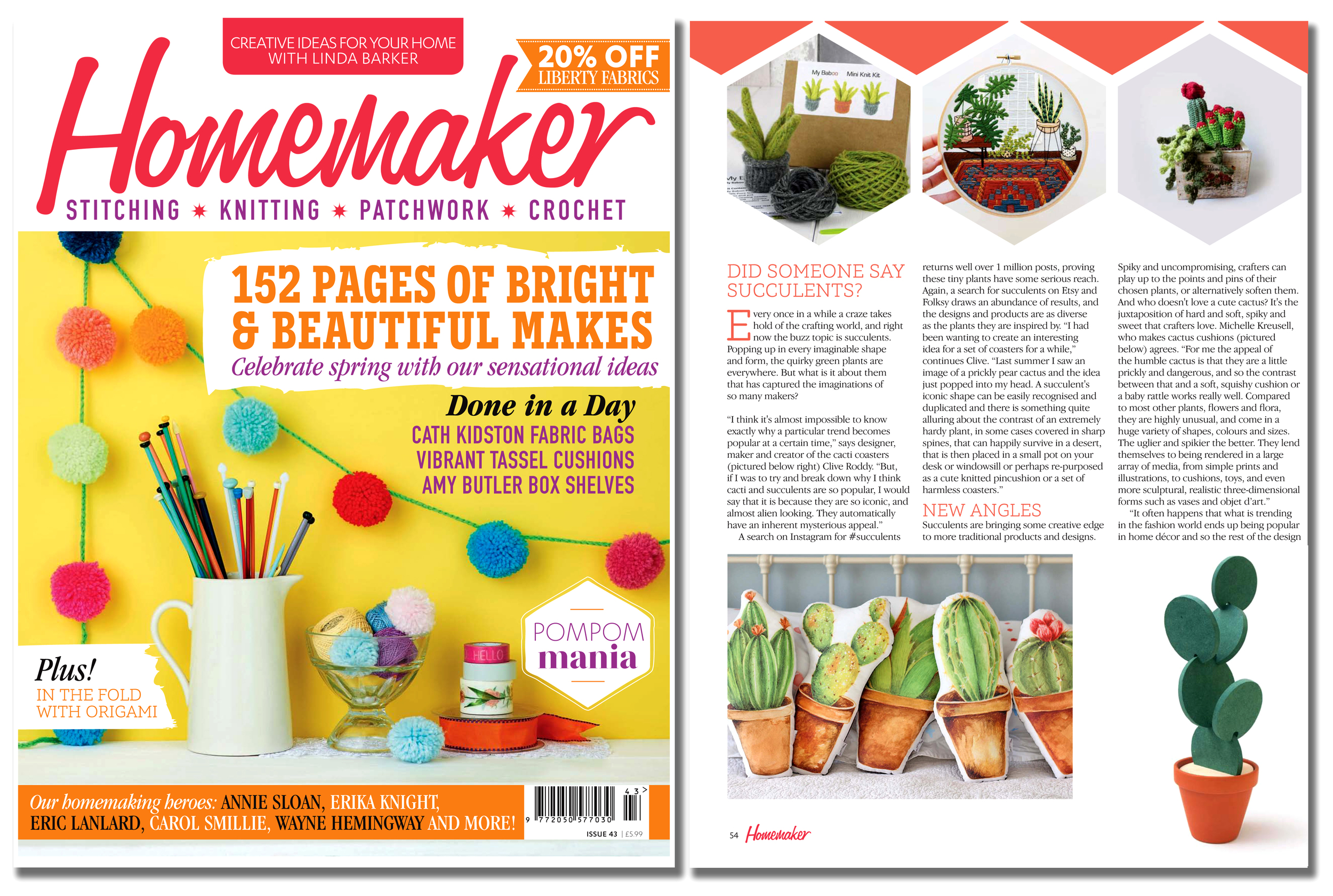 'Cacti Coasters' featured in Homemaker magazine . Published in April 2016. UK .