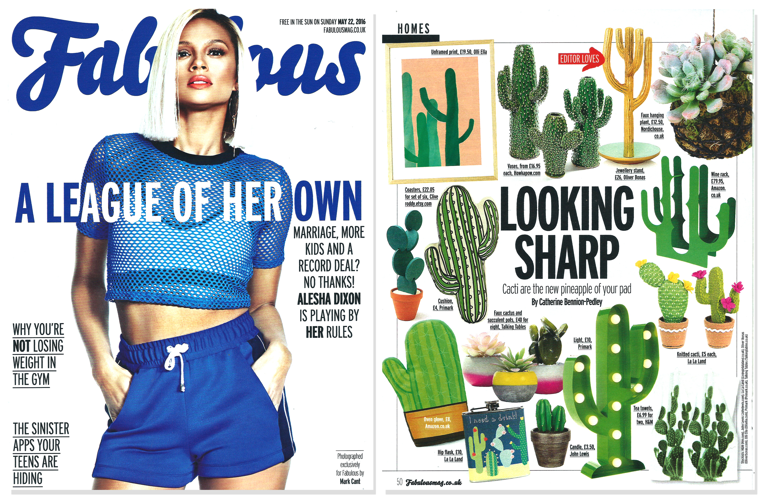 'Cacti Coasters' featured in 'Fabulous' - The Sun Newspaper Magazine . Published in May 2016. UK .