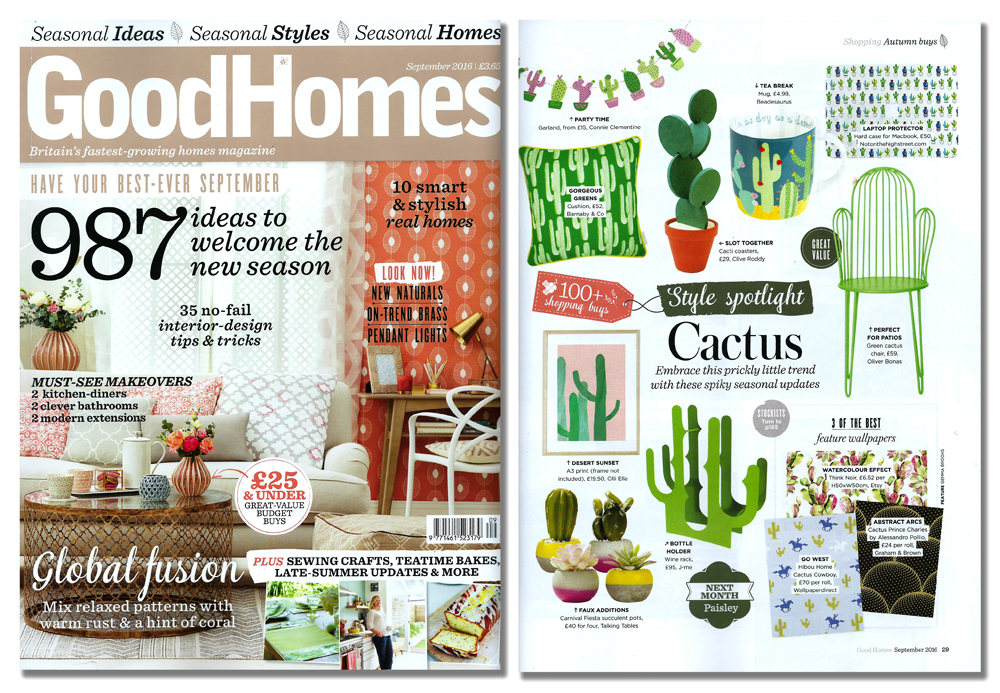 'Cacti Coasters' featured in GoodHomes Magazine . Published in August 2016. UK .