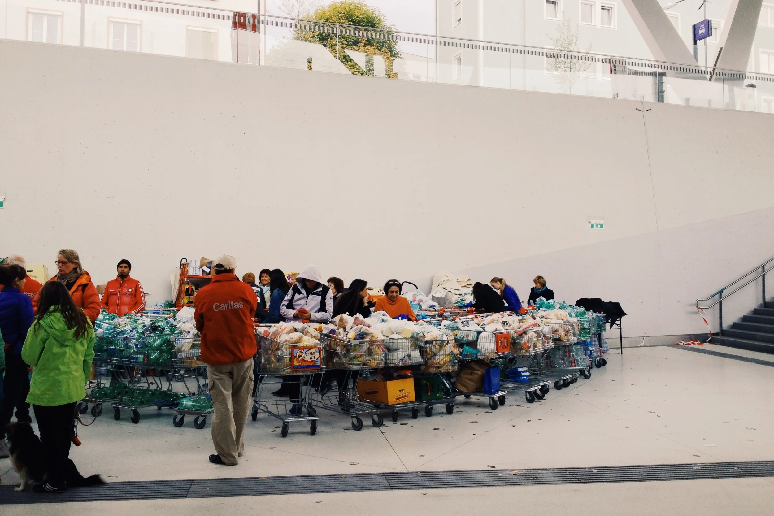Volunteers waiting with food and water in the Salzburg train station for the next wave of refugees to arrive. 