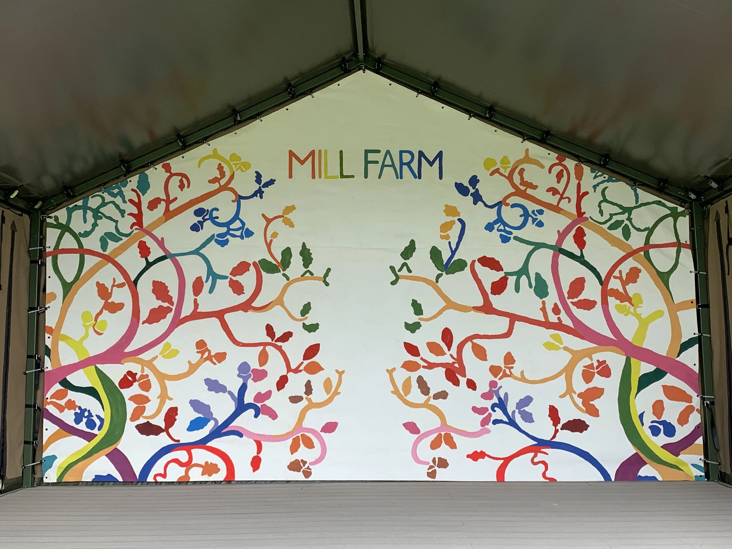 The finished stage backdrop for Mill Farm Music, Bradford Abbas, Dorset, UK.
