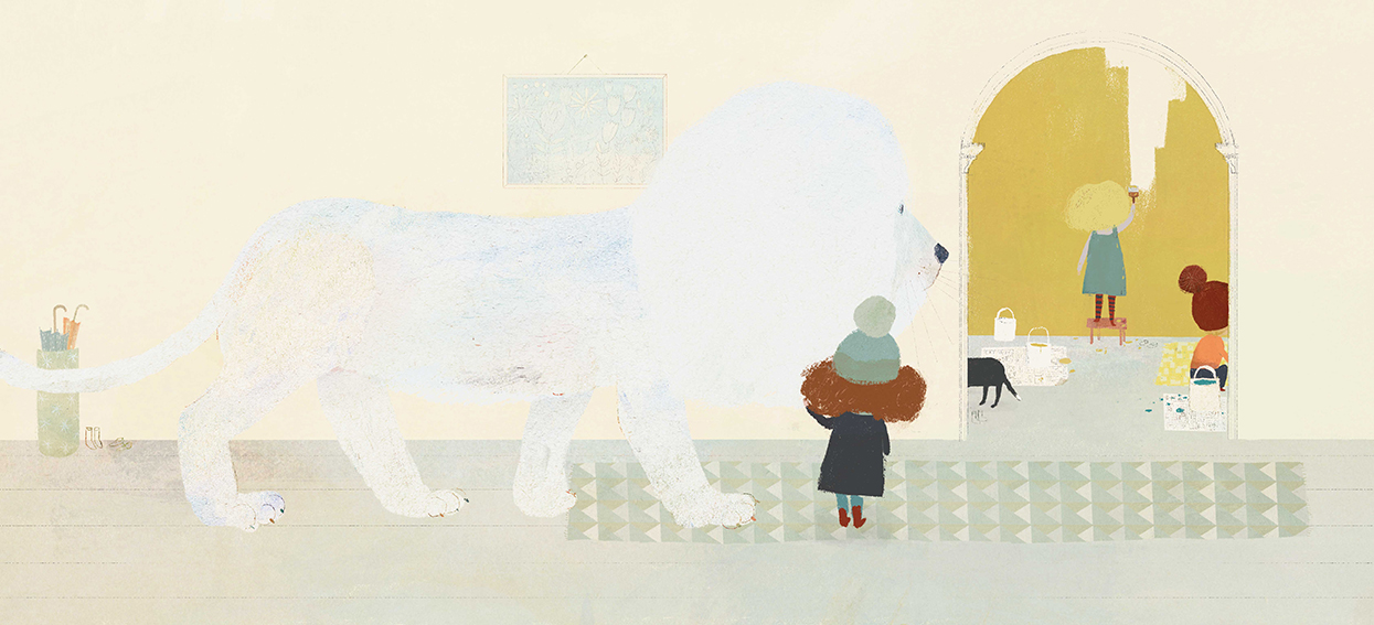 Although the story suggests that "The walls were white, the ceilings were white, even the doors were white.." we didn't want the opening spreads to appear too stark or clinical to young eyes. Despite the house being bare when they arrive we wanted to show how it is also a place full of possibility and fun and maybe hint that one day it would become a warm and friendly home. As Caro slowly begins to grow in confidence and we see see the lion less and less, we allowed colour to creep into into the artwork. Things around the house were used to add character and a touch of comfort to the pages without detracting from the narrative arc of the story. I found I particularly like painting rugs! I'm particularly happy with how the painting party pages evolved. The spread above marks the transition in the story when the new and unfamiliar house begins to become a happy home, full of colour and warmth. It's also the last time that Caro and the Snow Lion are together in the house (although in the next spread the reader might just glance the lion's tale disappearing back up the still-white white staircase! It was a real honour to work with such a beautiful and sensitive tale. It's a story that I hope will resonate with all little ones who are struggling with change of one kind or another. The Snow Lion reassures both Caro and the reader alike that loneliness and sadness are natural but never last forever.
