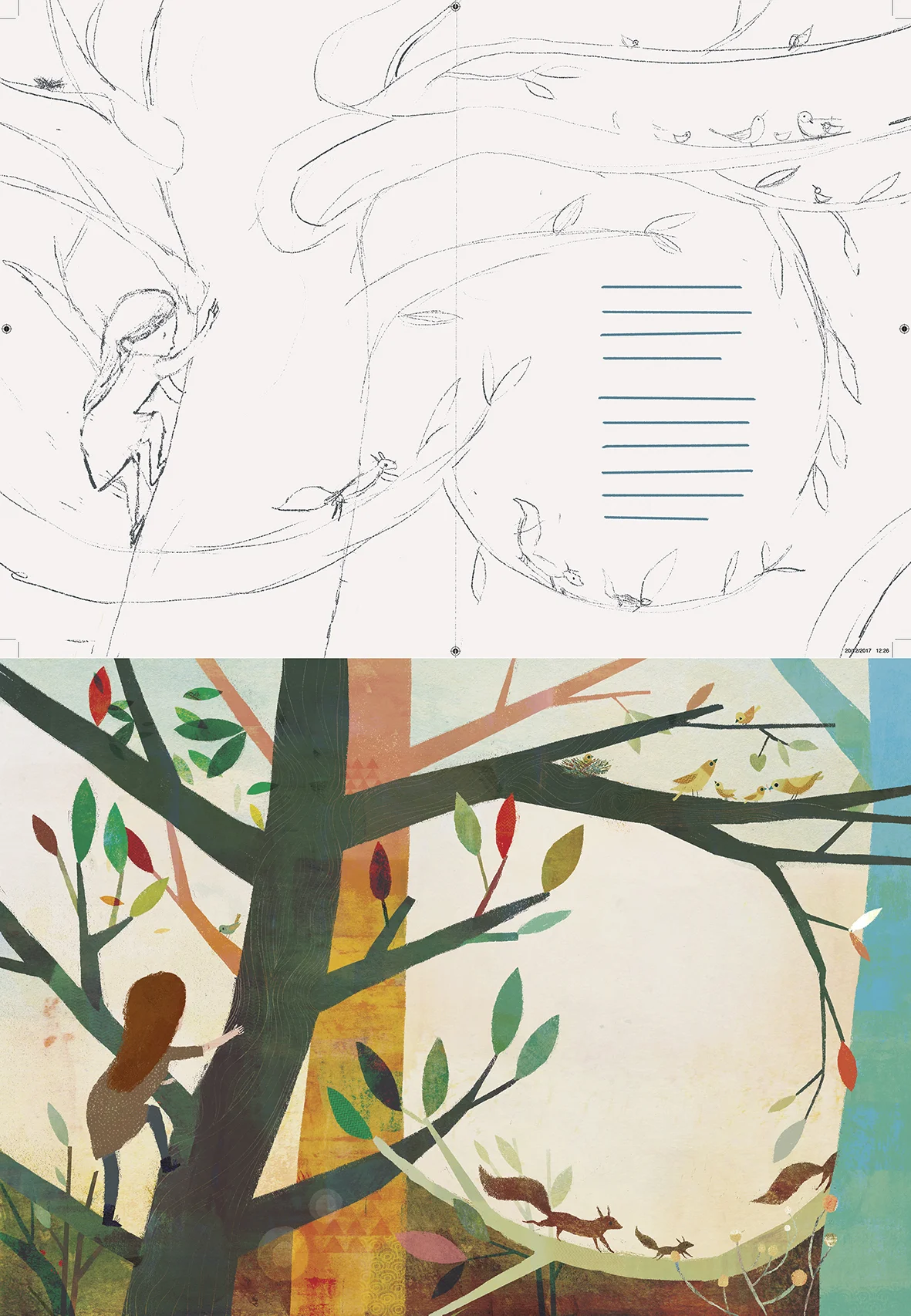 Finally, I think this is my favourite spread from our story. I like the soft curve of the branches around the type and the contrasting colours of the trees. As is usual for a project of this nature, there were several versions along the way, however, they mostly stayed true to the initial concept sketch. The image at the top is my first pencil outline for the page with the final painted art below.