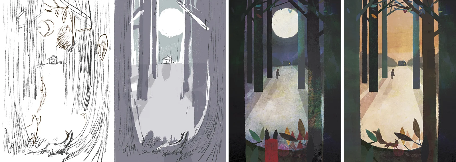 The evolution of p 47. The image on the far left is a scan of the first scribbled sketchbook idea for the page. The next is a horribly digitised and photoshopped version used to finalise the layout and to make sure the type had room to breath. The third image is the first painted version. I couldn’t put my finger on why it wasn’t working alongside the other spreads. After a few experiments, I came to the conclusion that it was simply too dark in relation to the pages around it. Perhaps also the path to her house seemed a little sinister, when really it should radiate a sense of comfort and homely certainty. A repaint and a photoshop touch-up later, and our hero is returning to a gentler, more welcoming home.