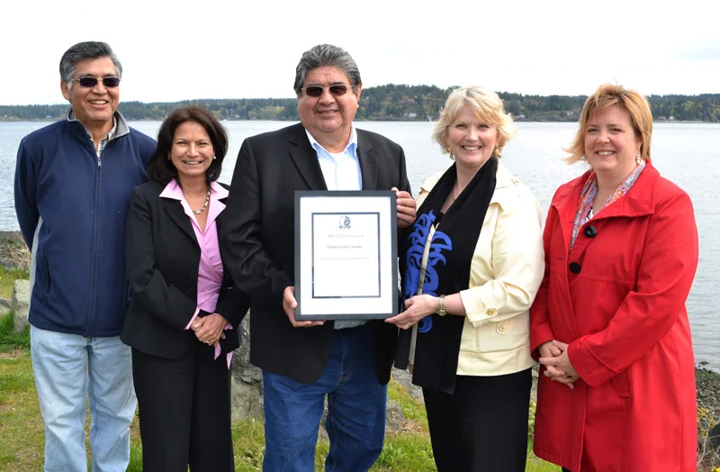 Mainstream Canada gathered on May 3rd, 2011 to celebrate Mainstream’s APSA certification. From left: Wally Samuel - chair of the Ahousaht Fish Farm Committee, Marguerite Parker - program administrator for the Aboriginal Aquaculture Association (AAA), Richard Harry - AAA president, Laurie Jensen - Corporate Sustainability Manager for Mainstream Canada, and Karin Maier - First Nations Consultant Co-ordinator for Mainstream Canada.
