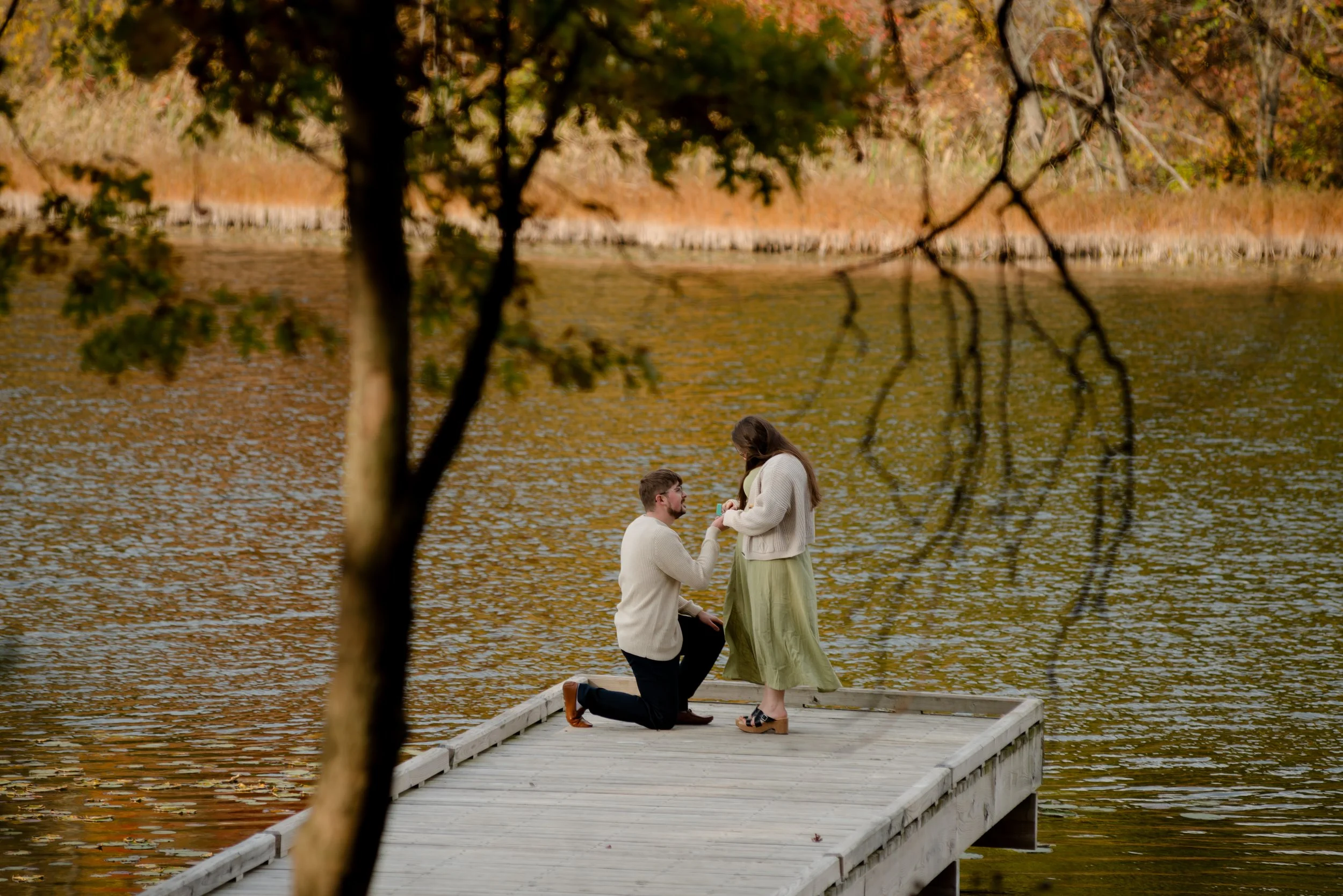 Fall proposal by a Michigan lake with couple celebrating engagement surrounded by autumn colors