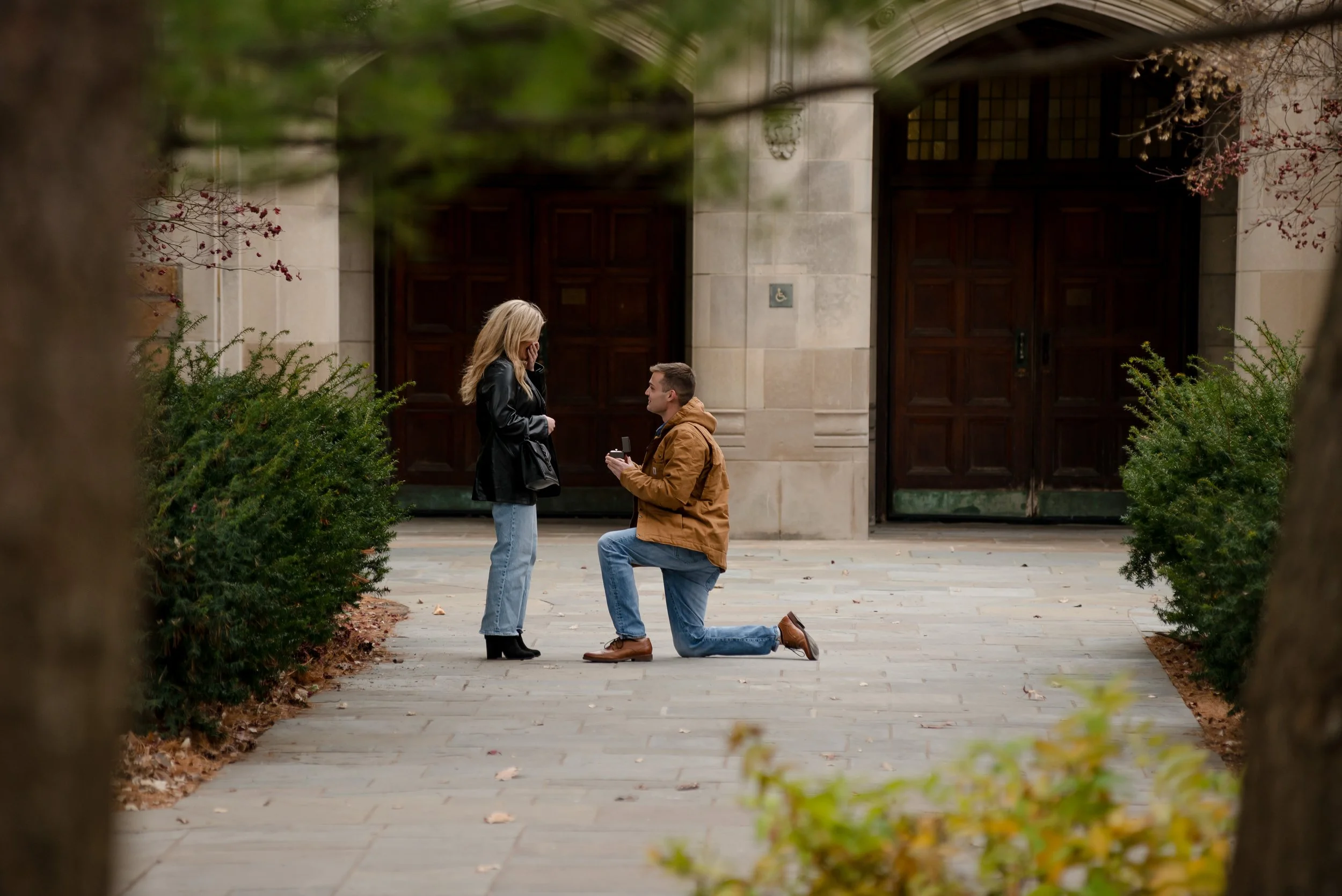 University of Michigan Law Quad proposal in Ann Arbor Michigan with engaged couple