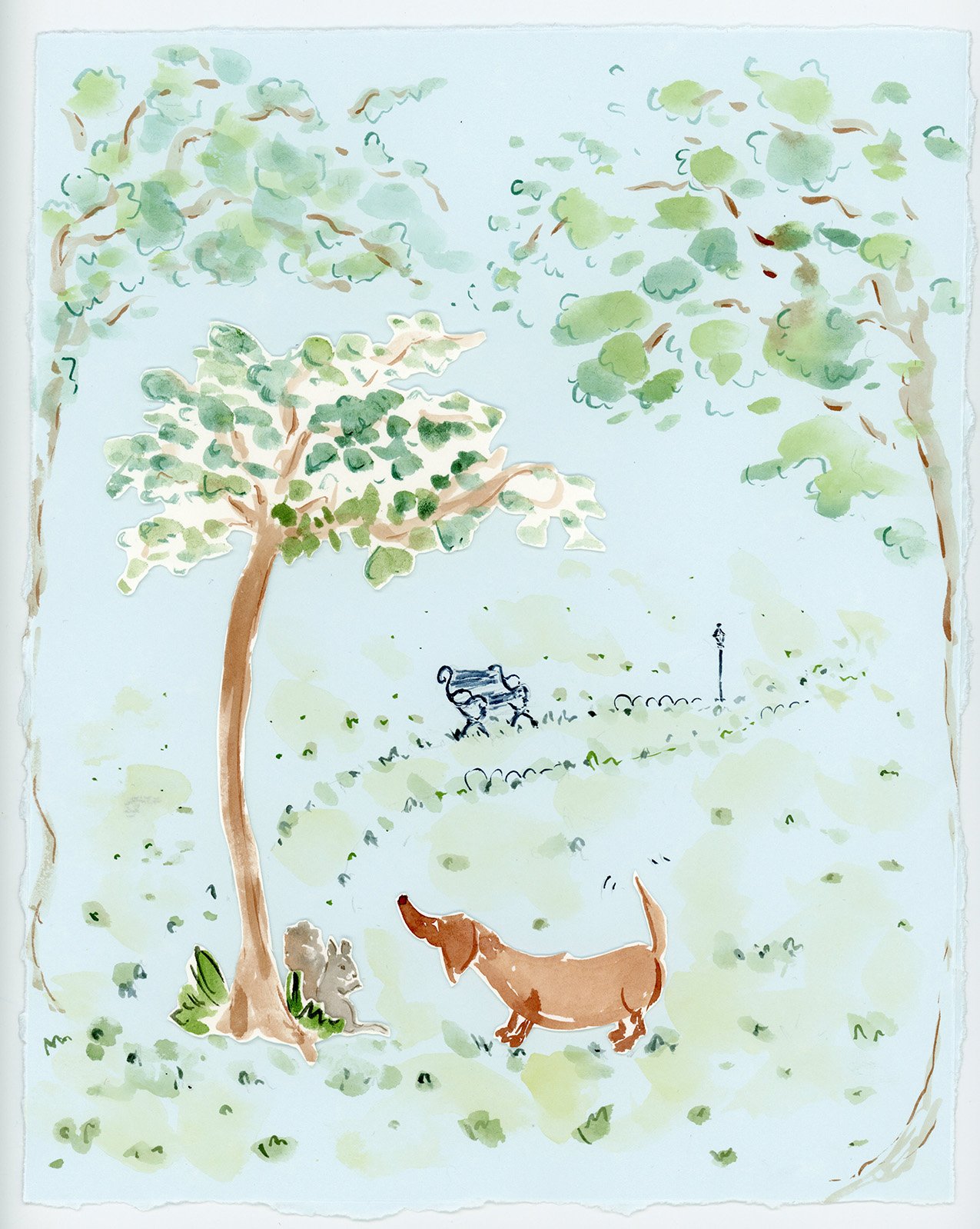 Dacshund in park watercolor and collage I.jpg