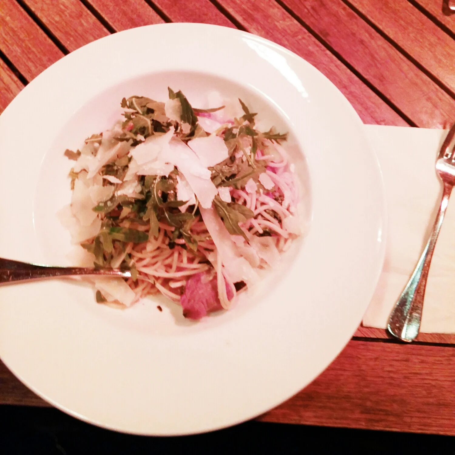 {I wasn't able to capture proper photos because of the red lighting of the heating lights where we were sitting, but my first meal in Prague: pasta.}