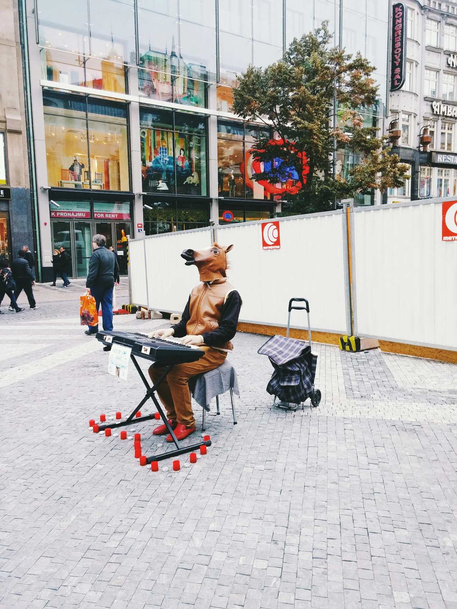 {This fellow was playing tunes and neighing while shaking his horse head. It was hilarious & gathered quite a group.}