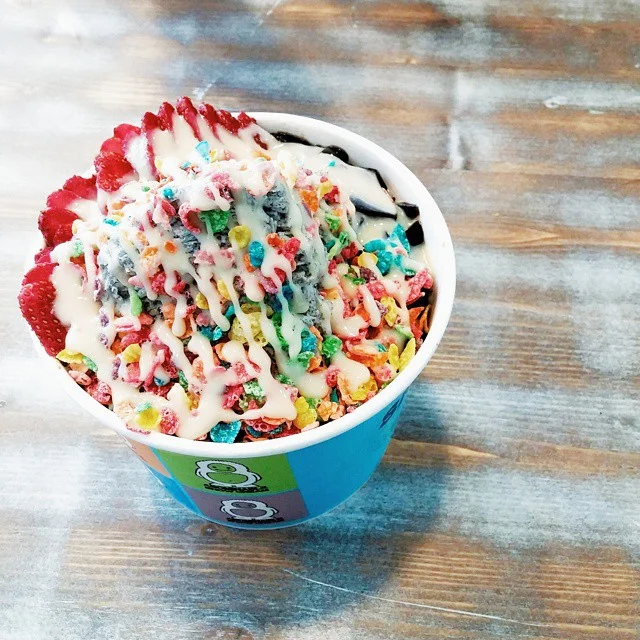 {Yeti tracks with strawberries, fruity pebbles, grass jelly, and condensed milk.}