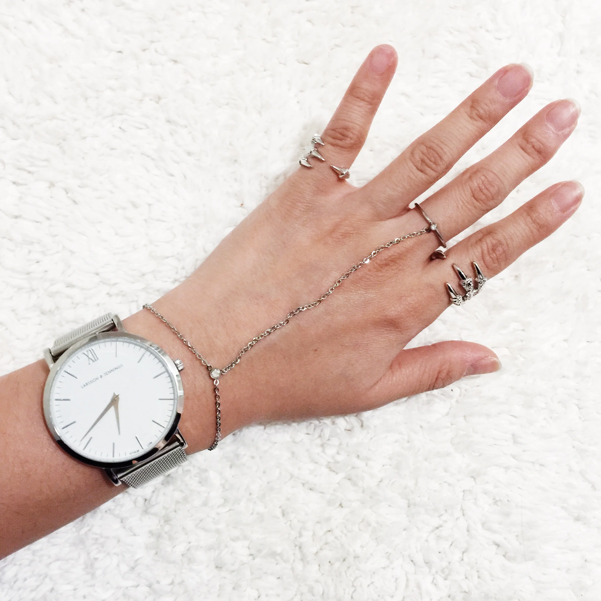 {L&J watch, Wanderlust + Co. chain ring bracelet, Wanderlust + Co. claw ring & midi ring}