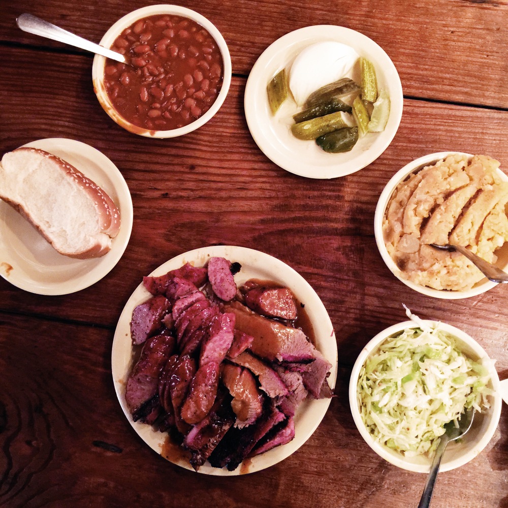   {bread, baked beans, onions &amp; pickles, potato salad, cole slaw, and bbq.}  