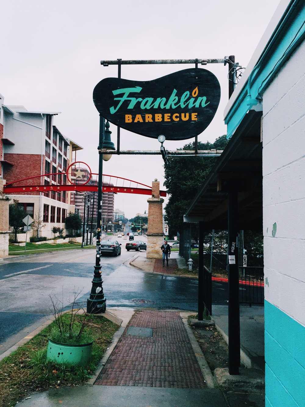   {an outdoor view of franklin bbq.}  
