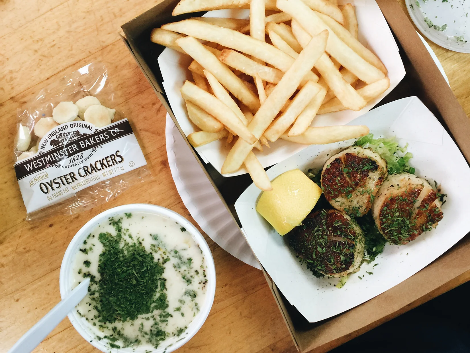 {Clam chowder, fries, and seared scallops.}