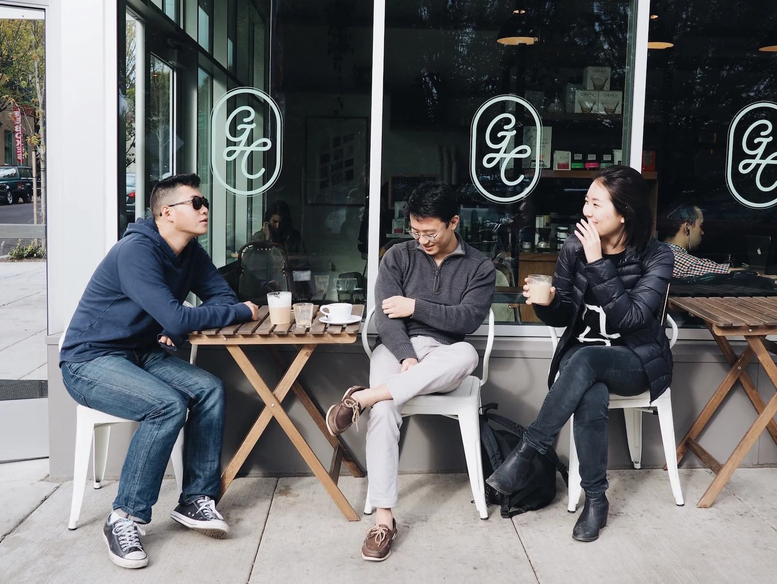 {Sharing laughs over coffee.}