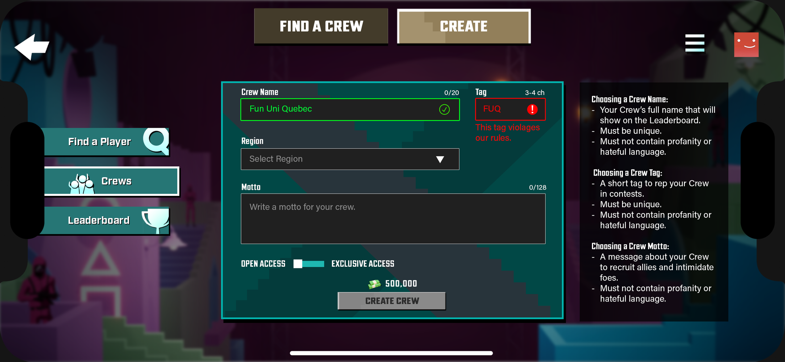 Player Creates a Crew - Inappropriate Tag