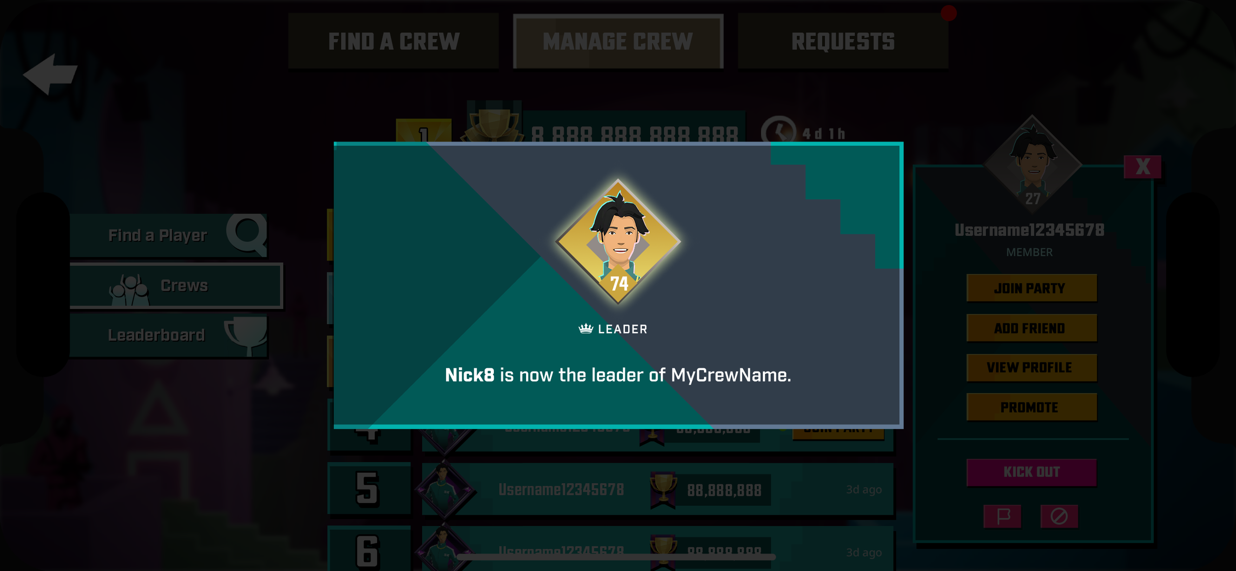 Player is Crew Leader - New Leader