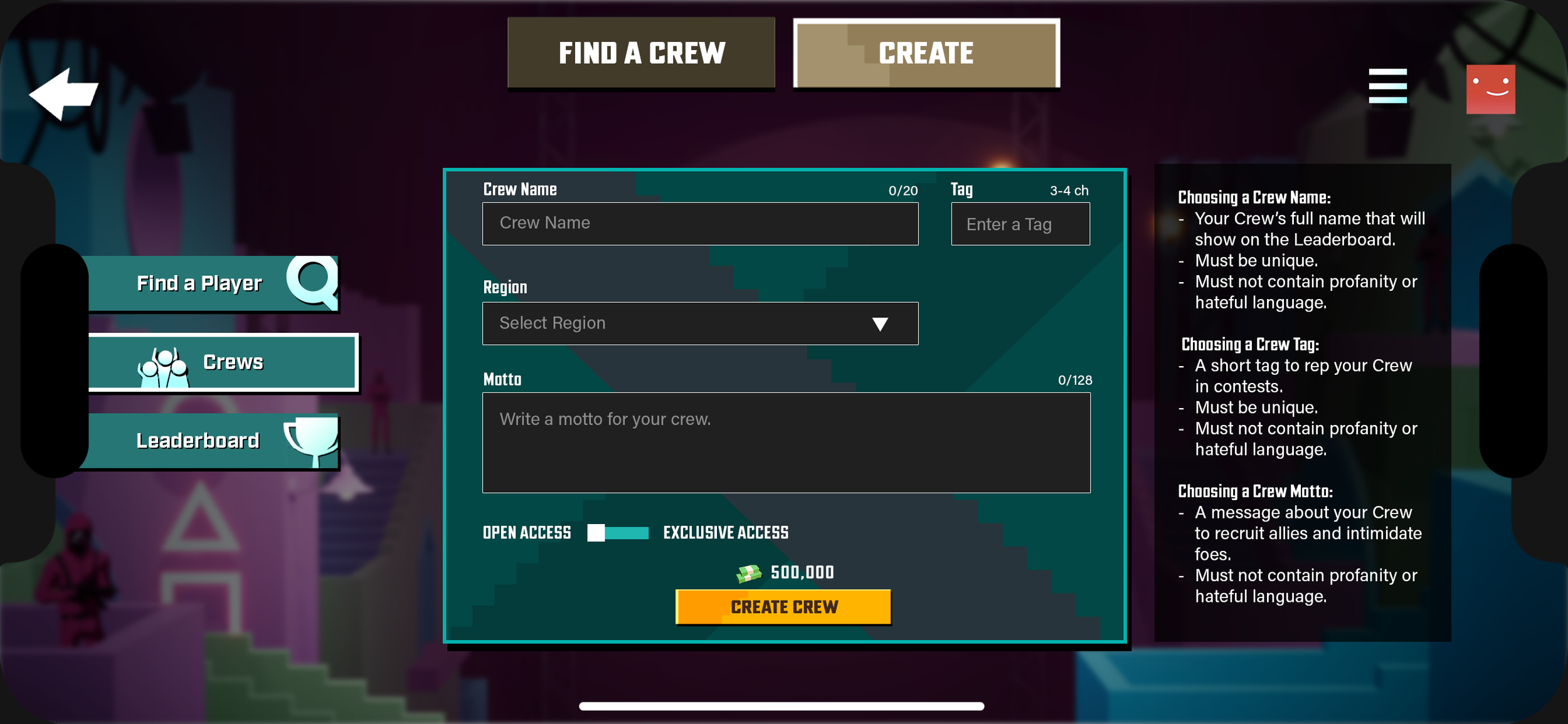Player Creates a Crew - Empty State