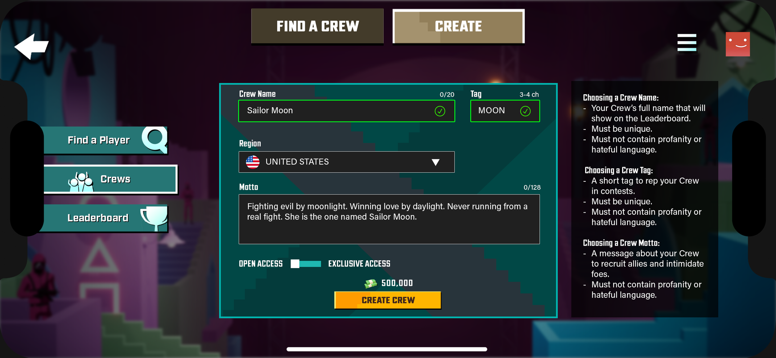 Player Creates a Crew - Filled in