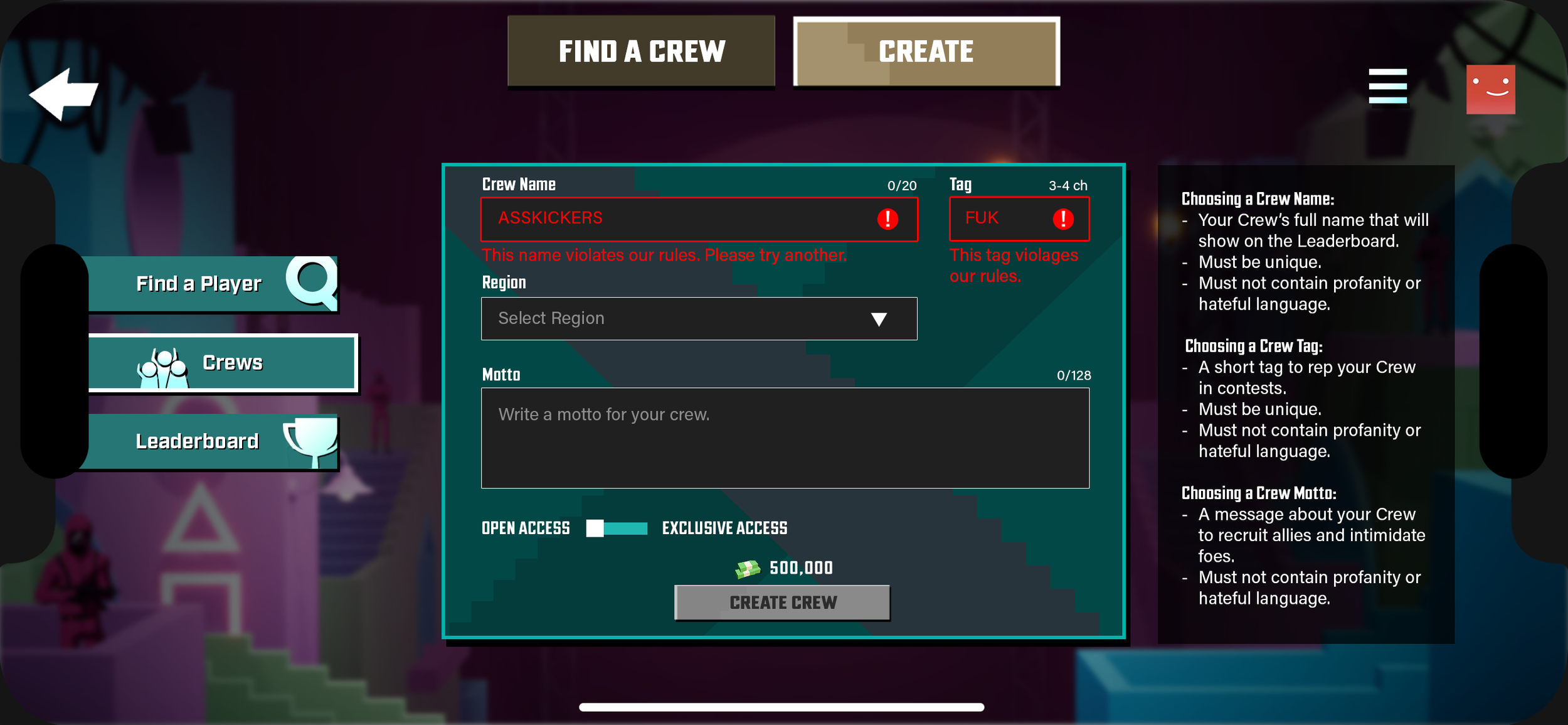 Player Creates a Crew - Inappropriate Name and Tag