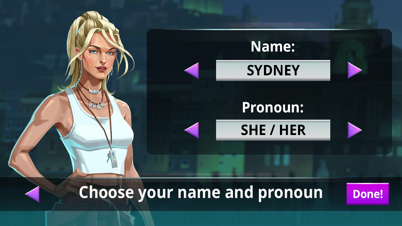 Character Name and Pronoun Screen