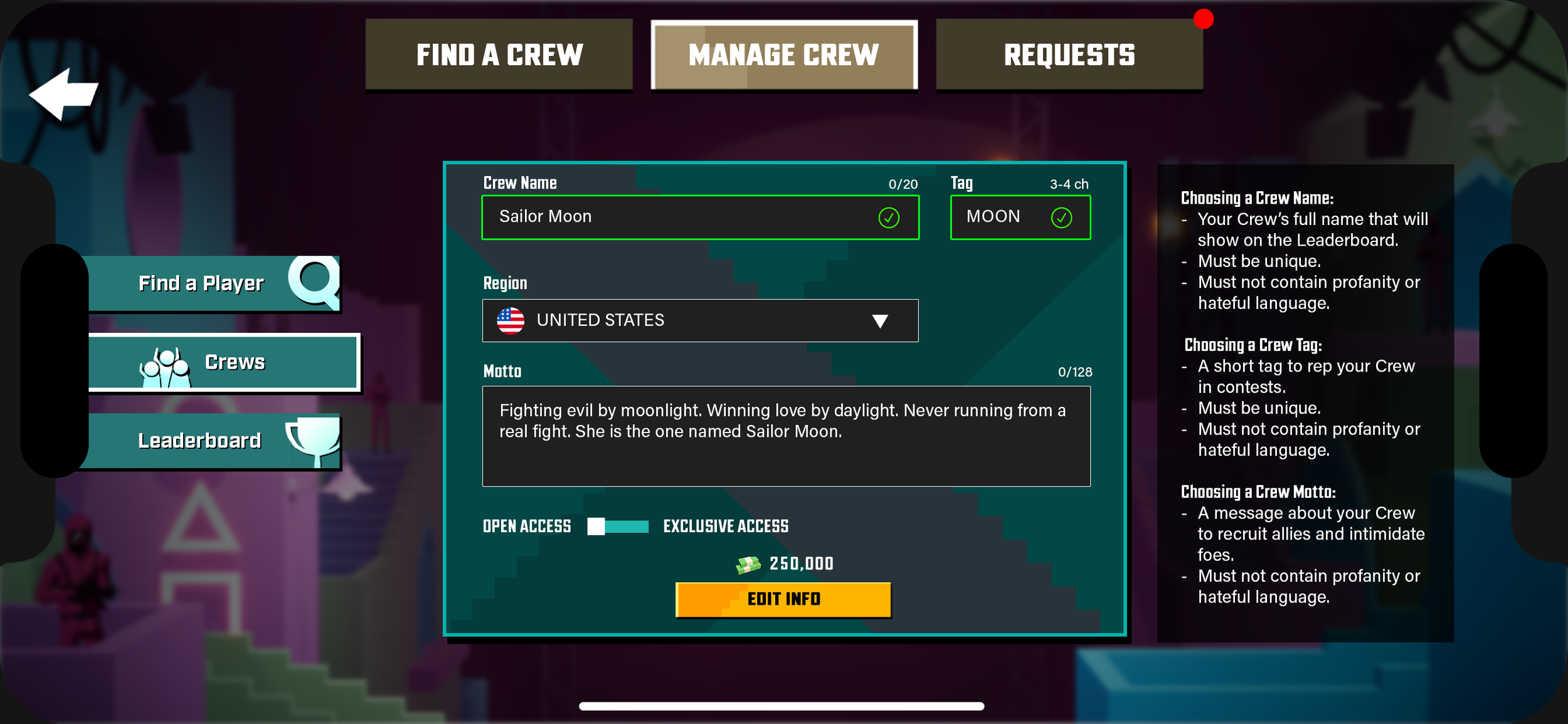 Player is Crew Leader - Manage Crew