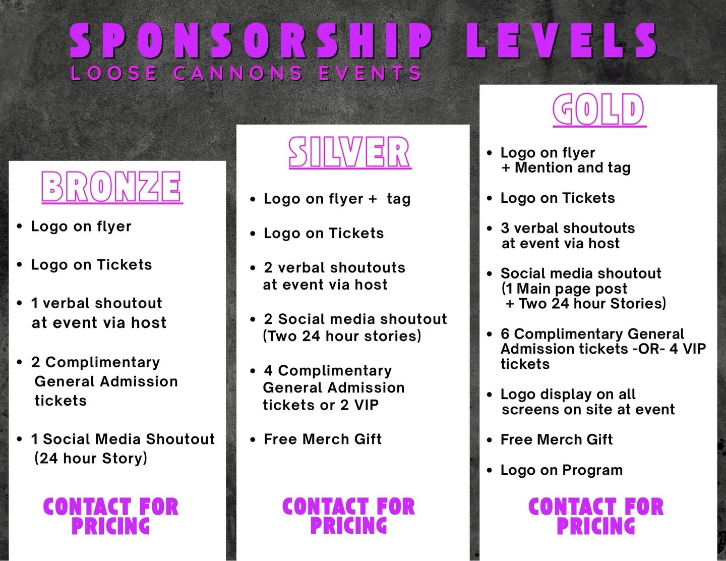 Updated Sponsorship packages! 🙌 If interested, please DM us!
Upcoming events: July 17th + August 13th
#supportlocalart #smallbusiness
