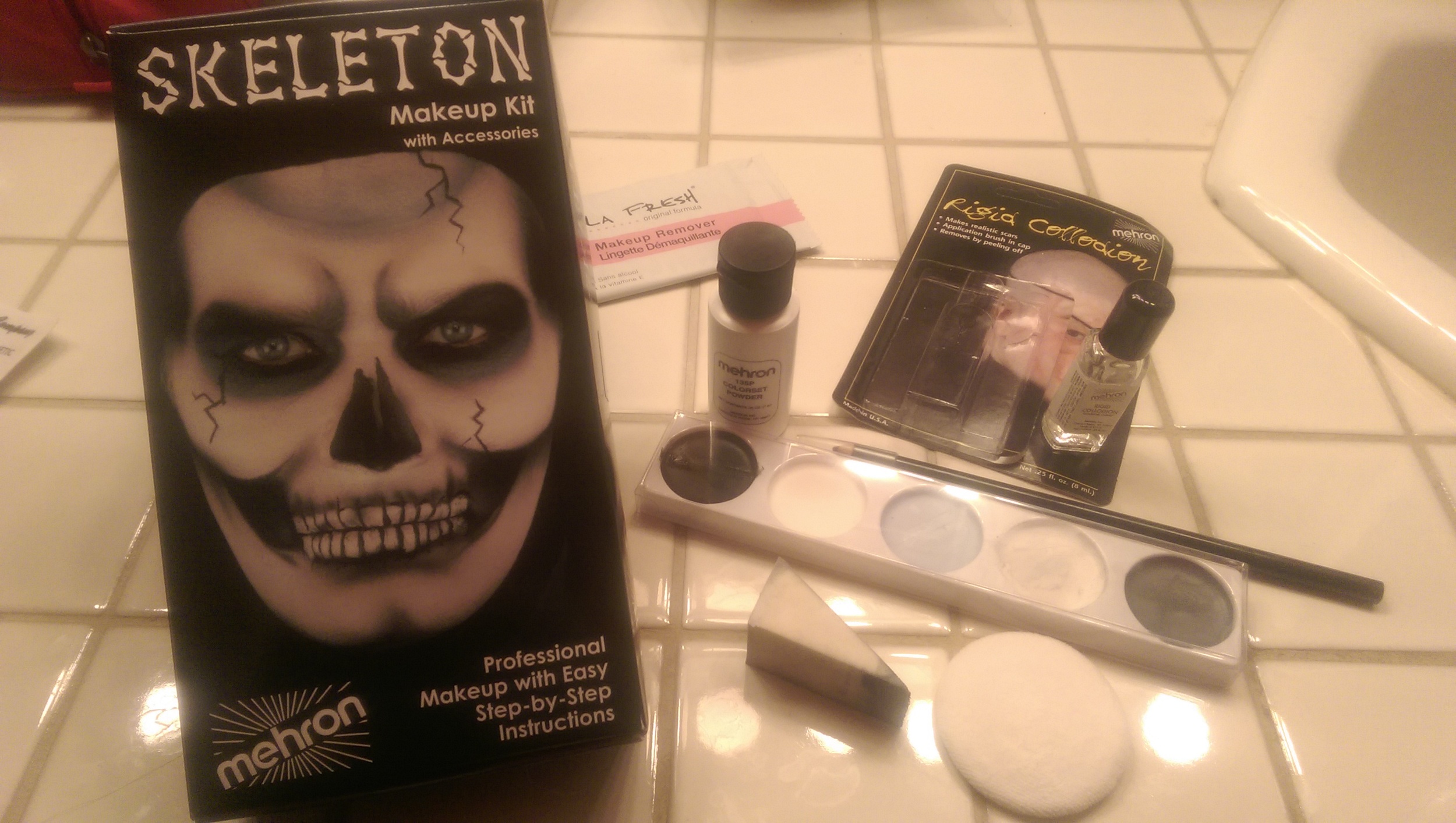 The items in the skeleton makeup kit along with the collodion I bought separately for creating scar effects.