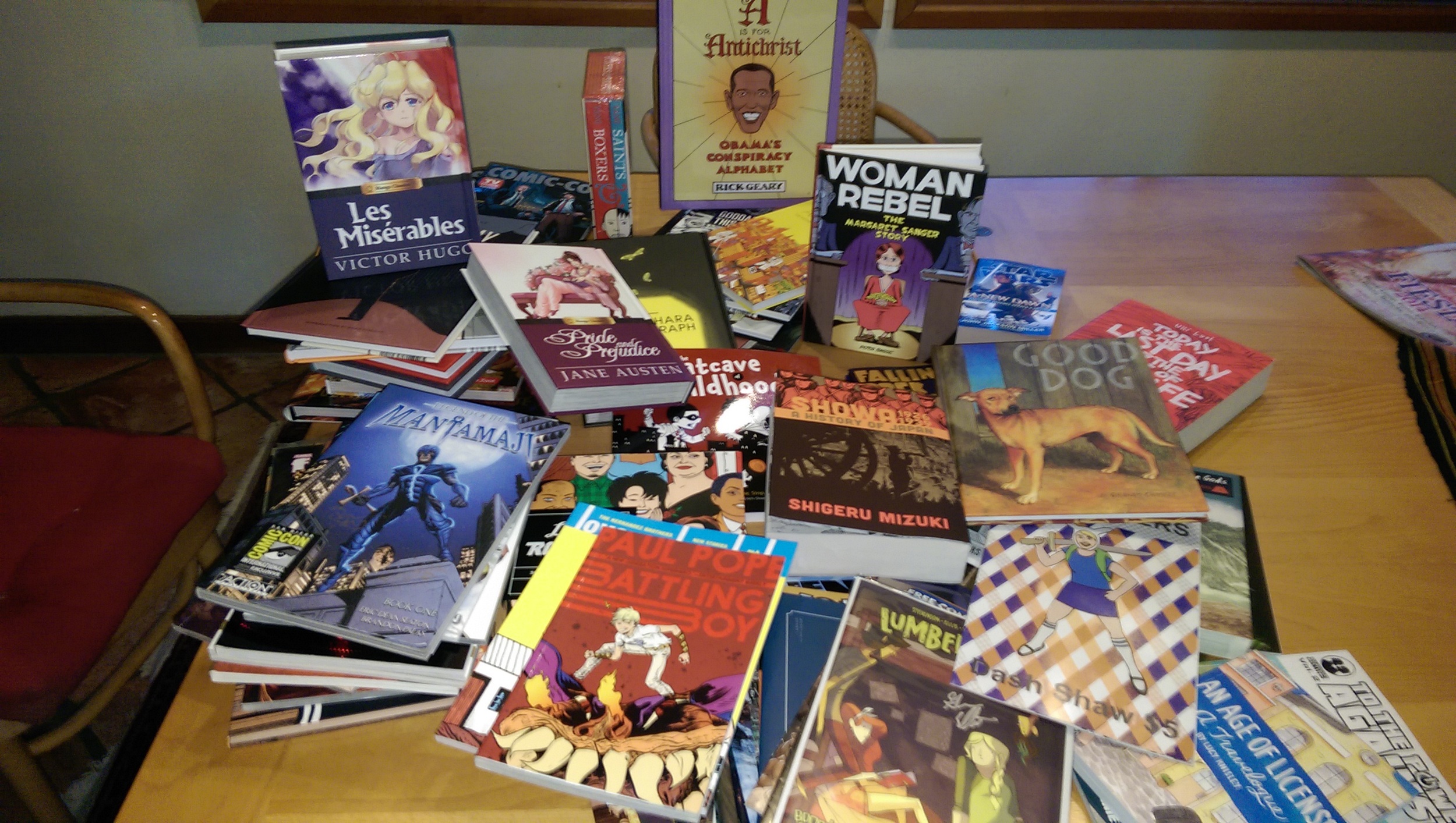 The comics and books I brought back from the convention