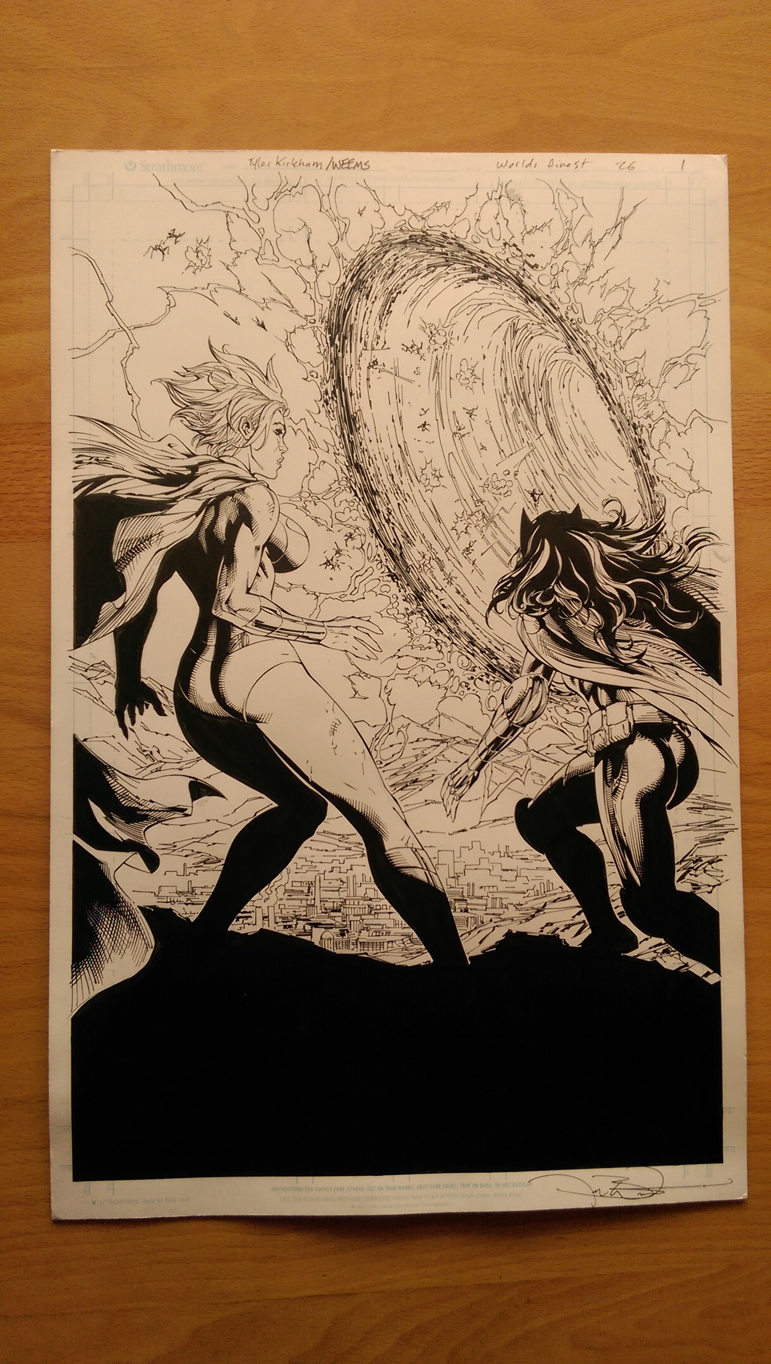 Original page from World's Finest, issue #26, Page 1. Drawn by Tyler Kirkham, inked by Joe Weems