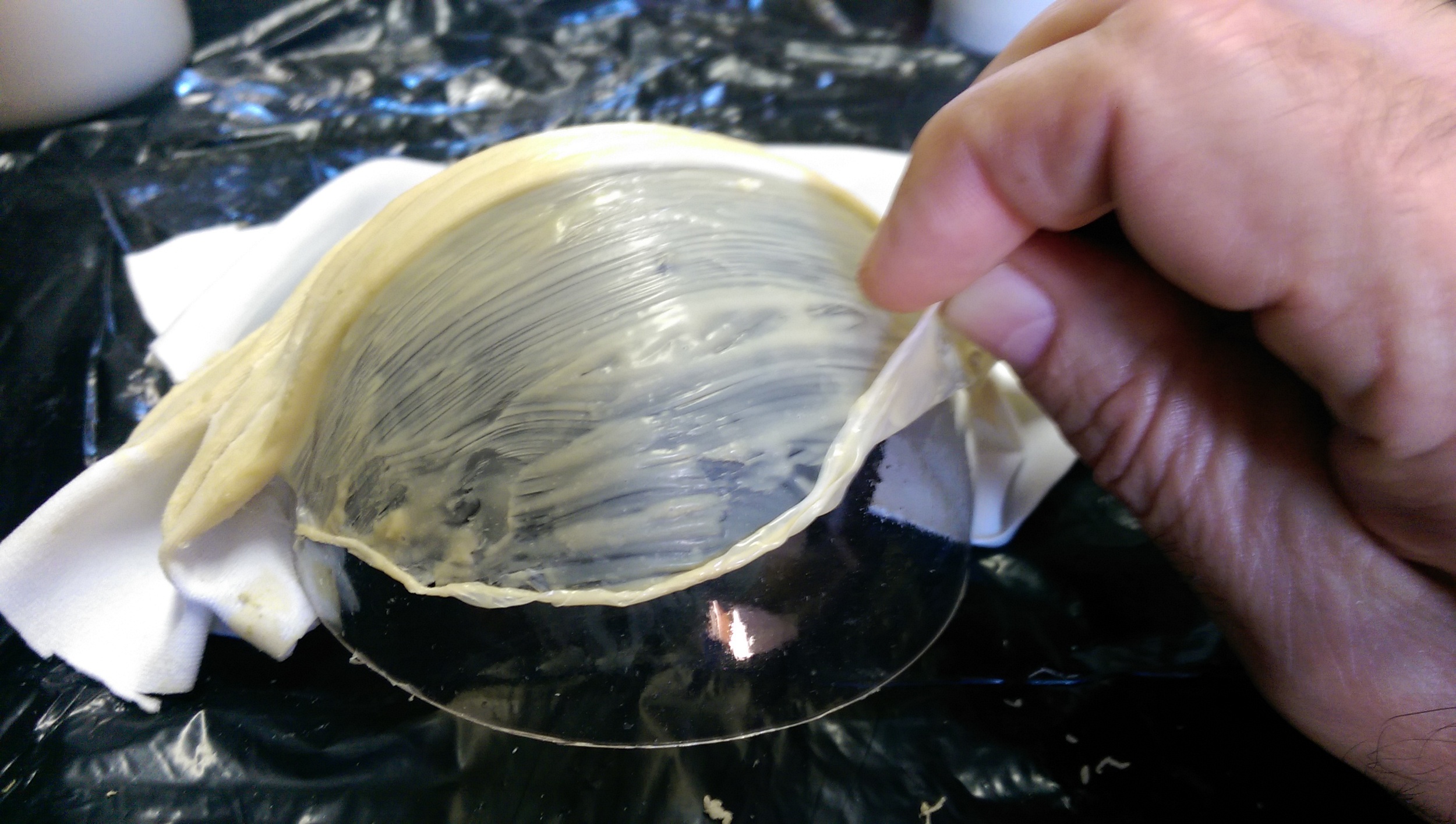 Extra silicone was placed over the plastic dome so that after drying it could be peeled back over the spandex