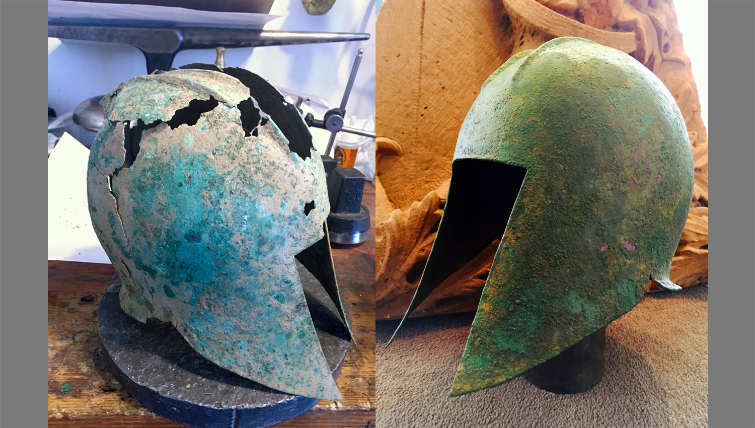 6th century B.C. Illirian helmet. This helmet was ninety seven percent complete but required stabilization and restoration to bring it to museum quality.