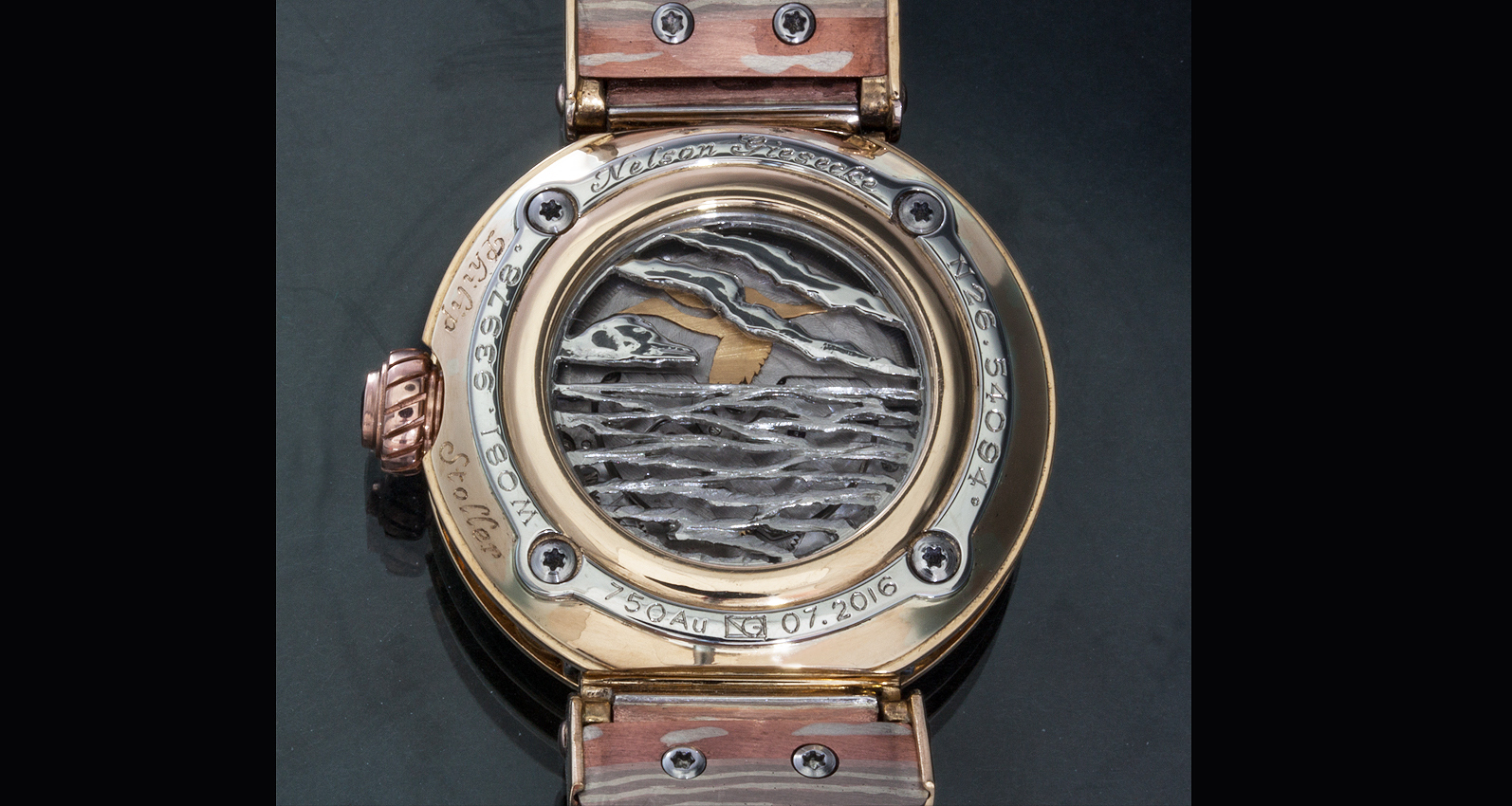 Back of watch with egret emerging on rotor.
