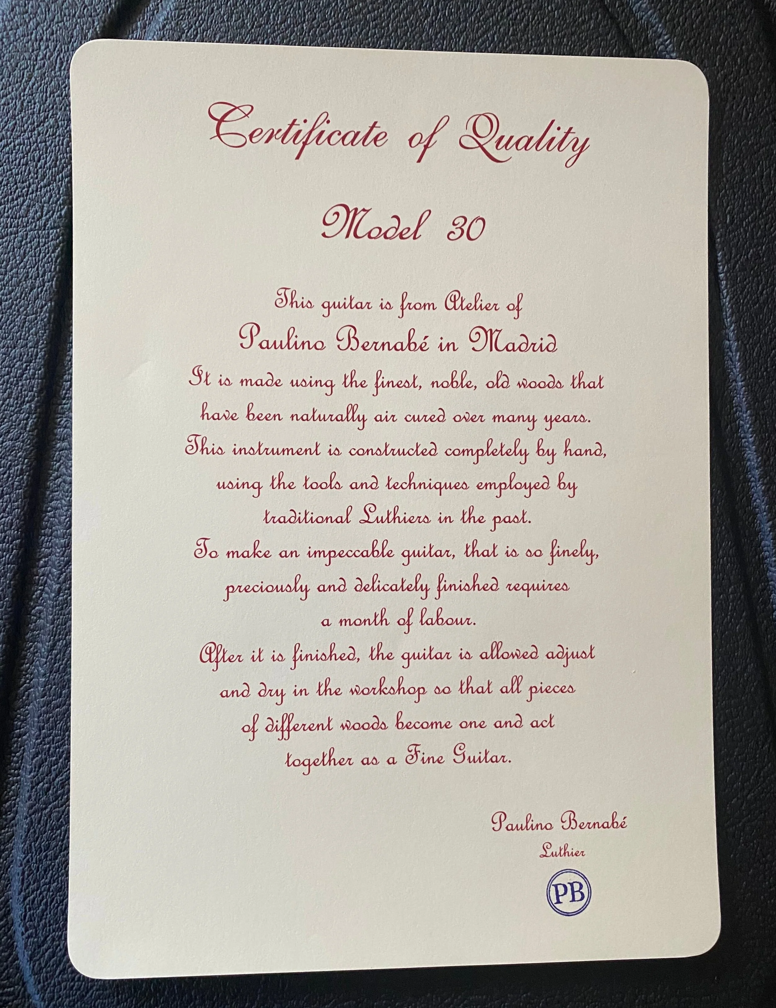 2020 Paulino Bernabe Model 30 certificate 